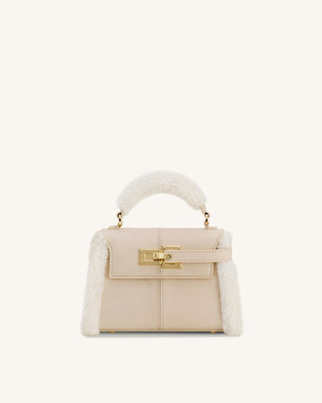 Elise Henkeltasche aus Kunstwildleder mit Shearling-Details – Taupe