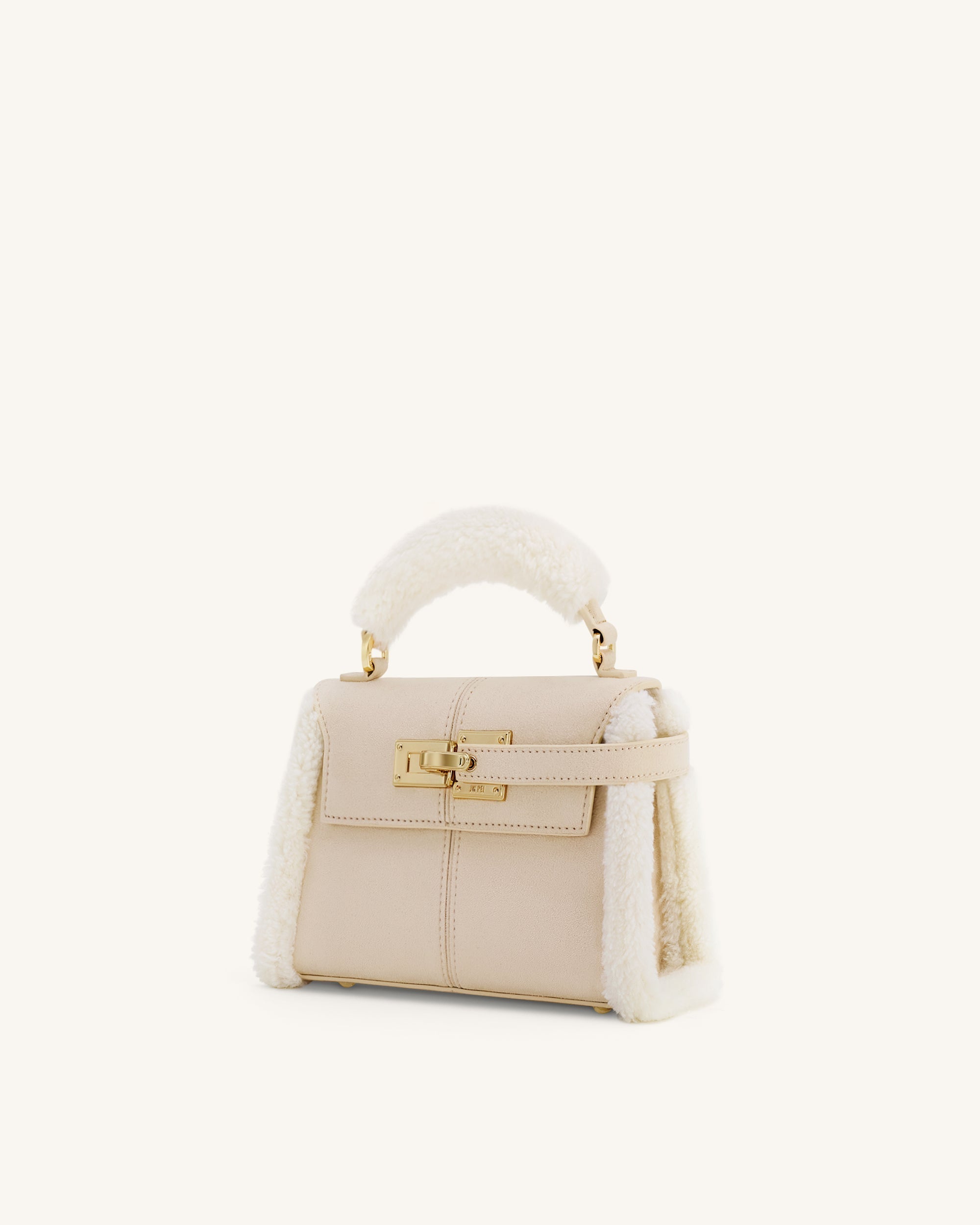 Elise Henkeltasche aus Kunstwildleder mit Shearling-Details – Taupe
