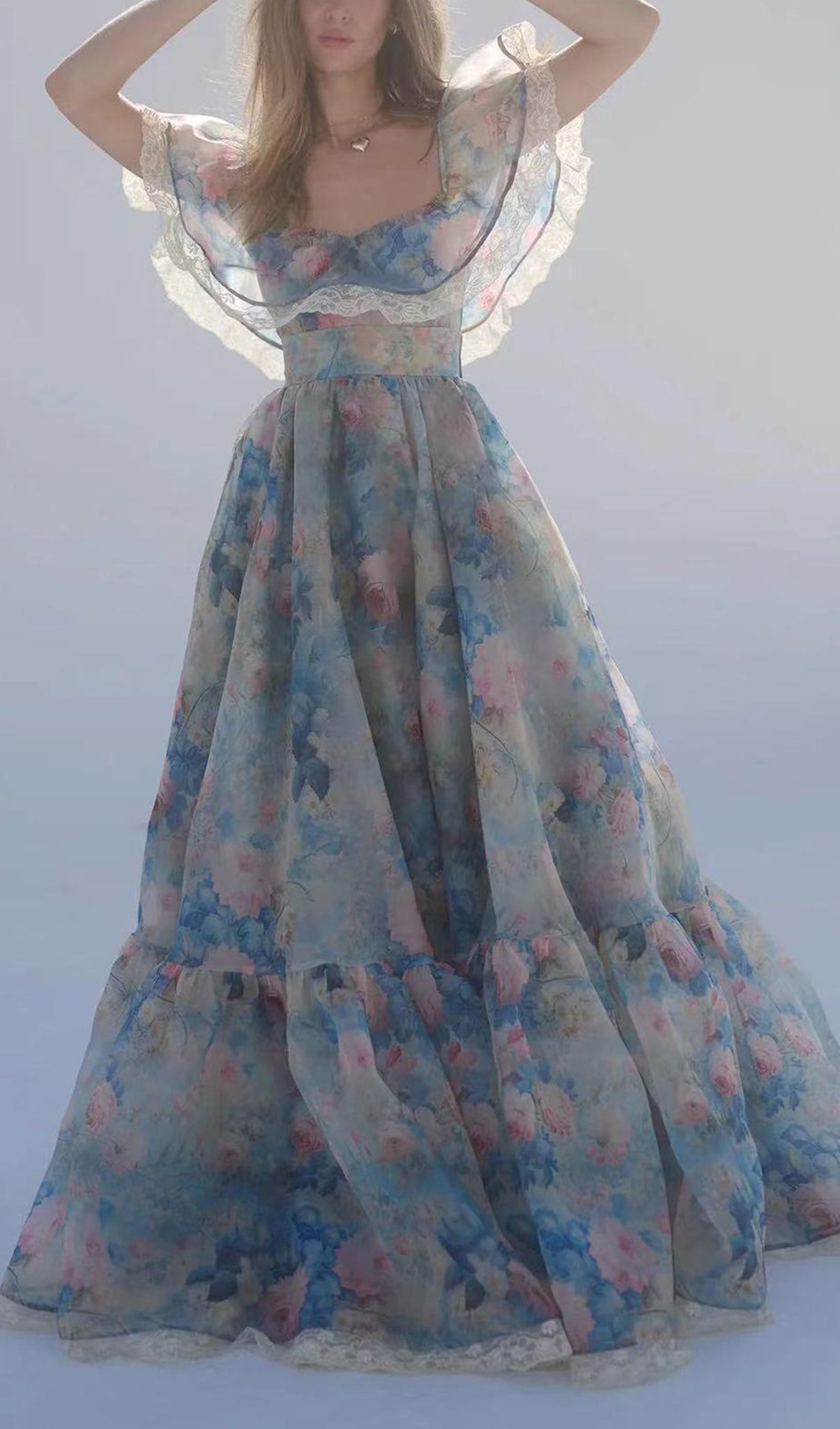 Floral Ruffled V-Neck Fitted and Flare Maxi Dress