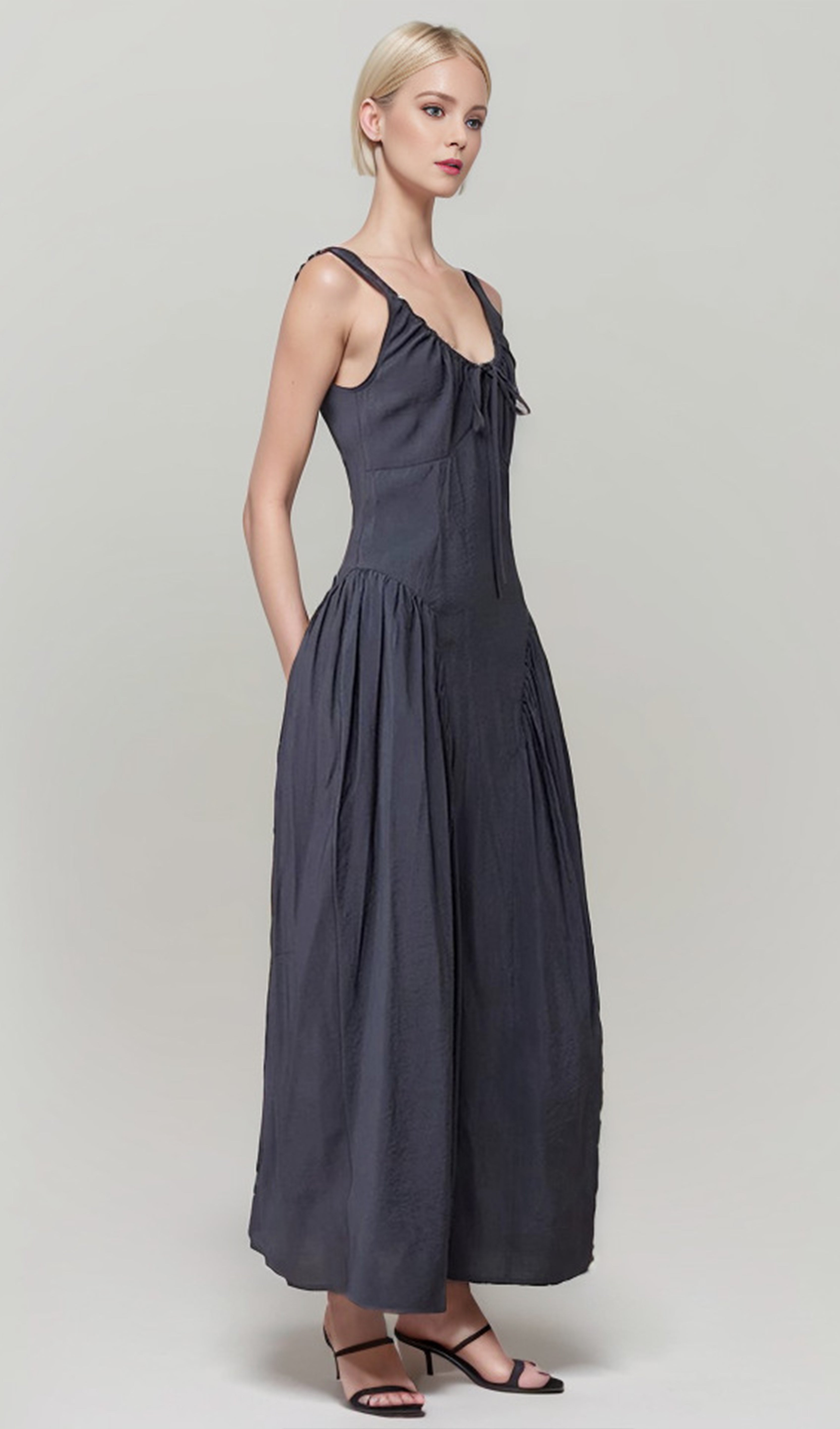 Plain Lace Maxi A-Line Dress with Tie Front 