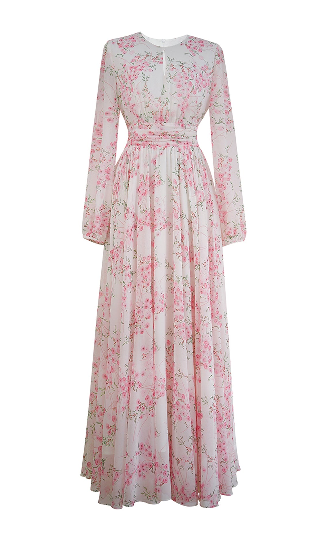 Langärmeliges, geblümtes, tailliertes und ausgestelltes Maxikleid