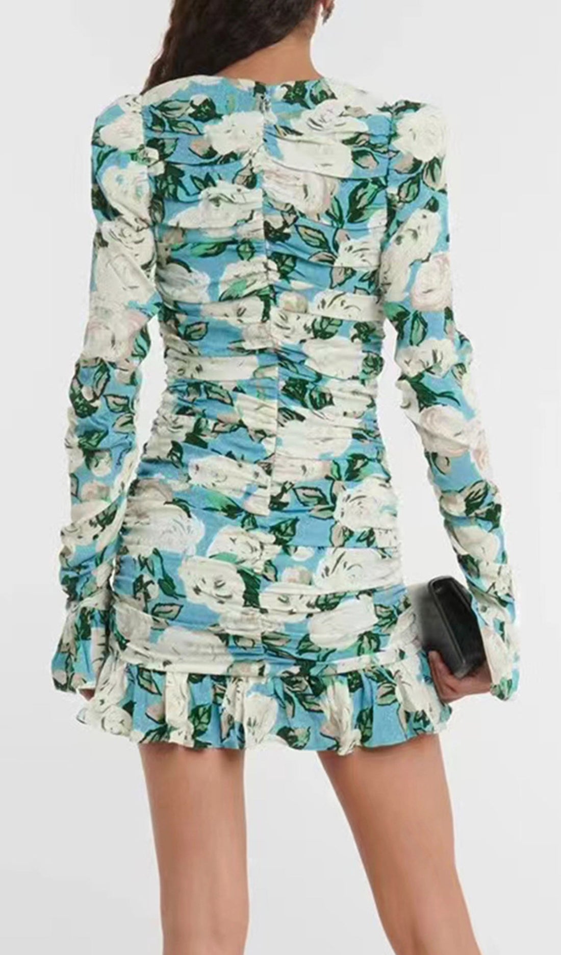 Long-Sleeved Floral Ruffled Bodycon Mini Dress