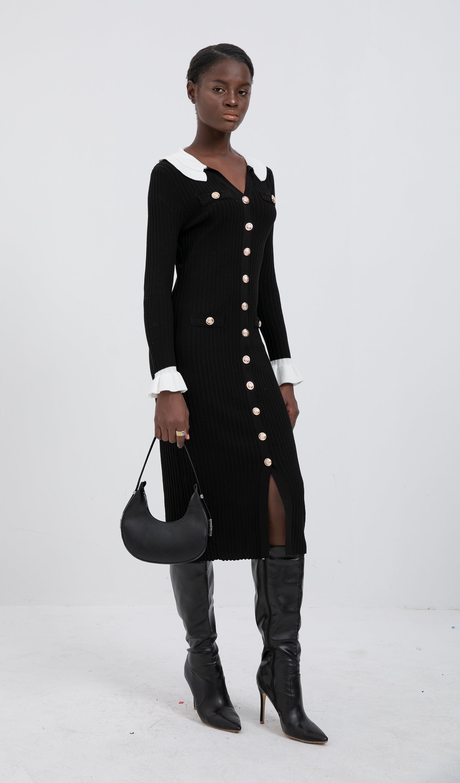 Trendy Jersey Fırfır Yaka Midi Elbise -Siyah