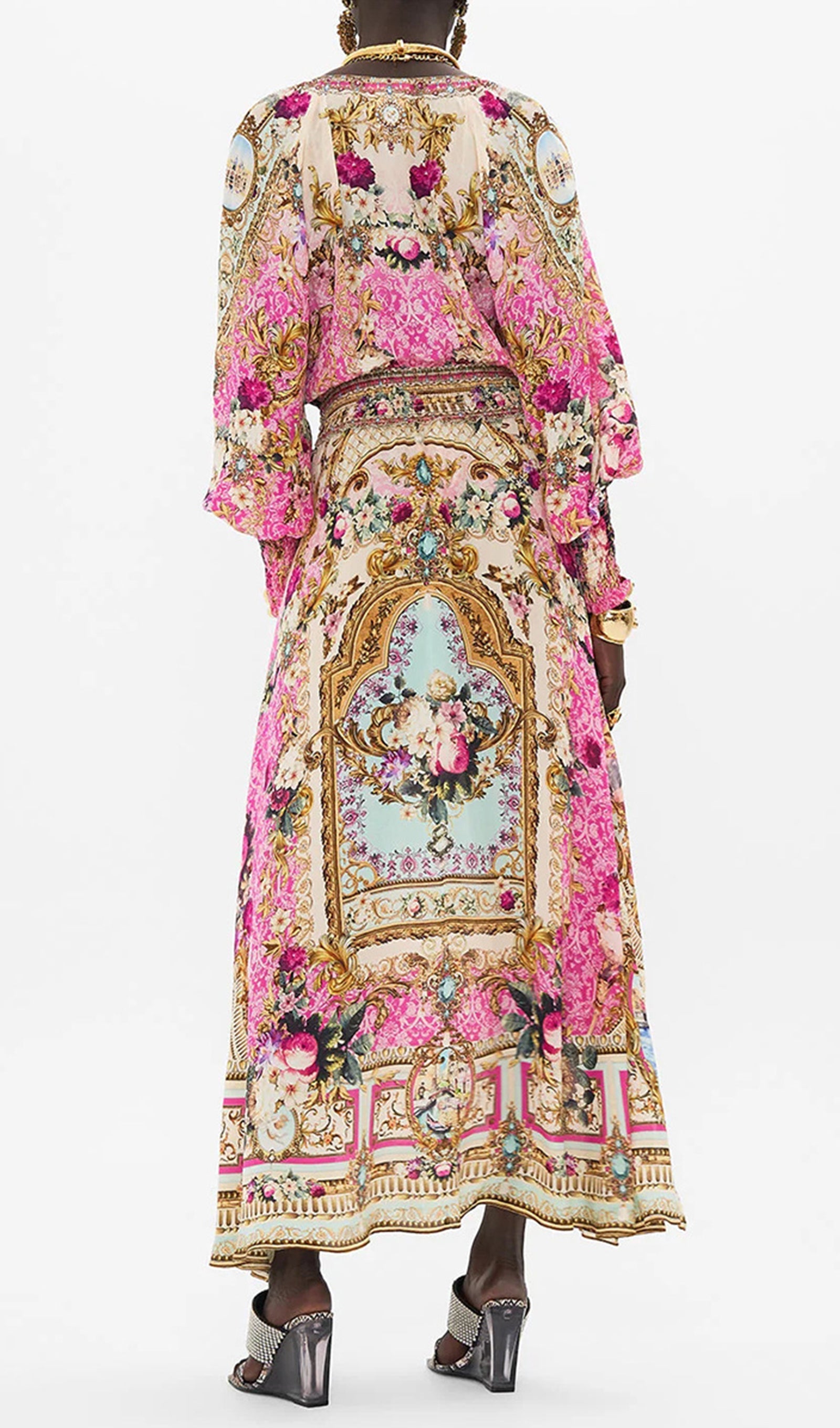 Boho-Maxikleid mit Blumenmuster, langen Ärmeln und V-Ausschnitt