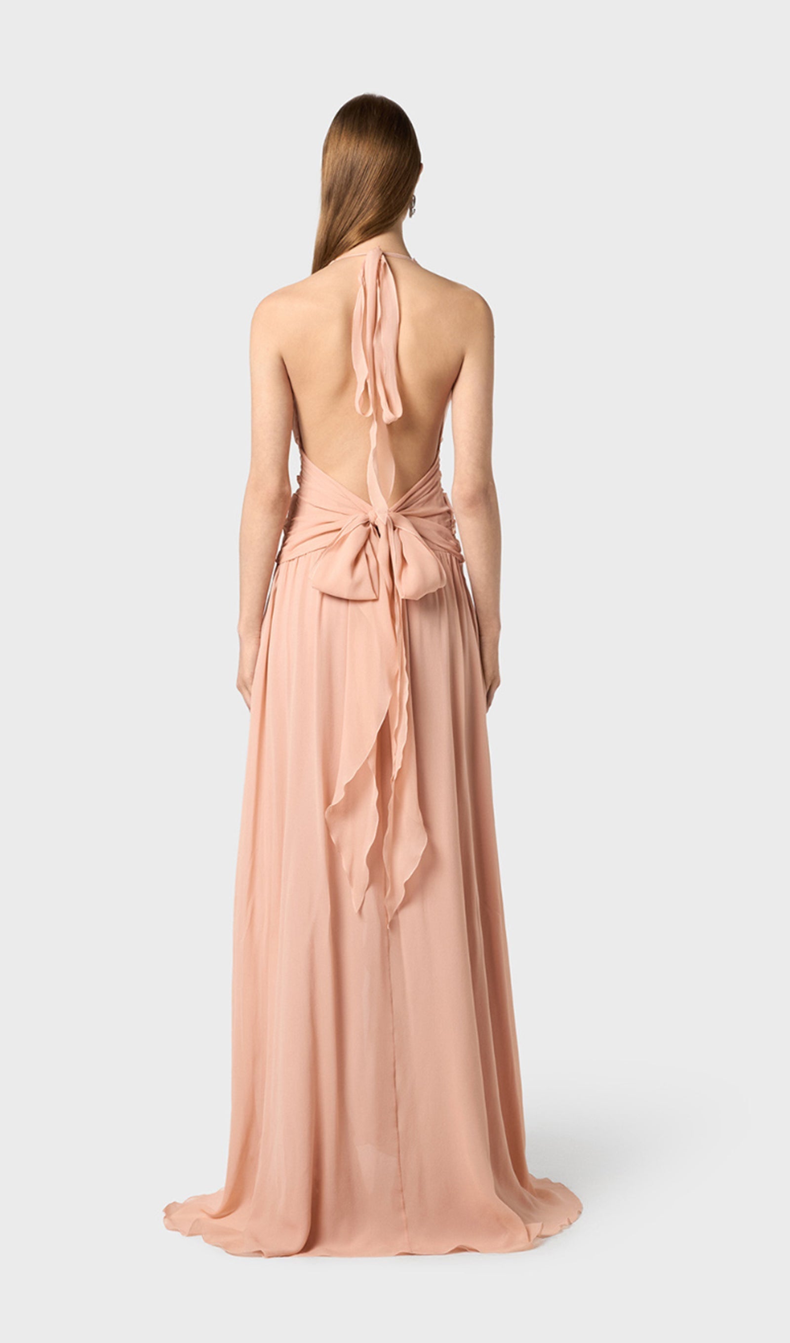 Halter Ruffles Maxi Dress with Rose Embellishments 