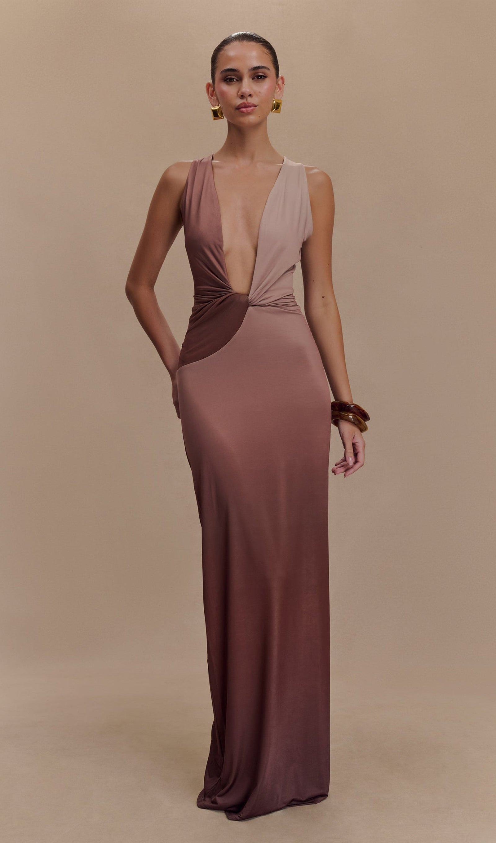 Draped Slim Maxi Dress Mocha Ombre 