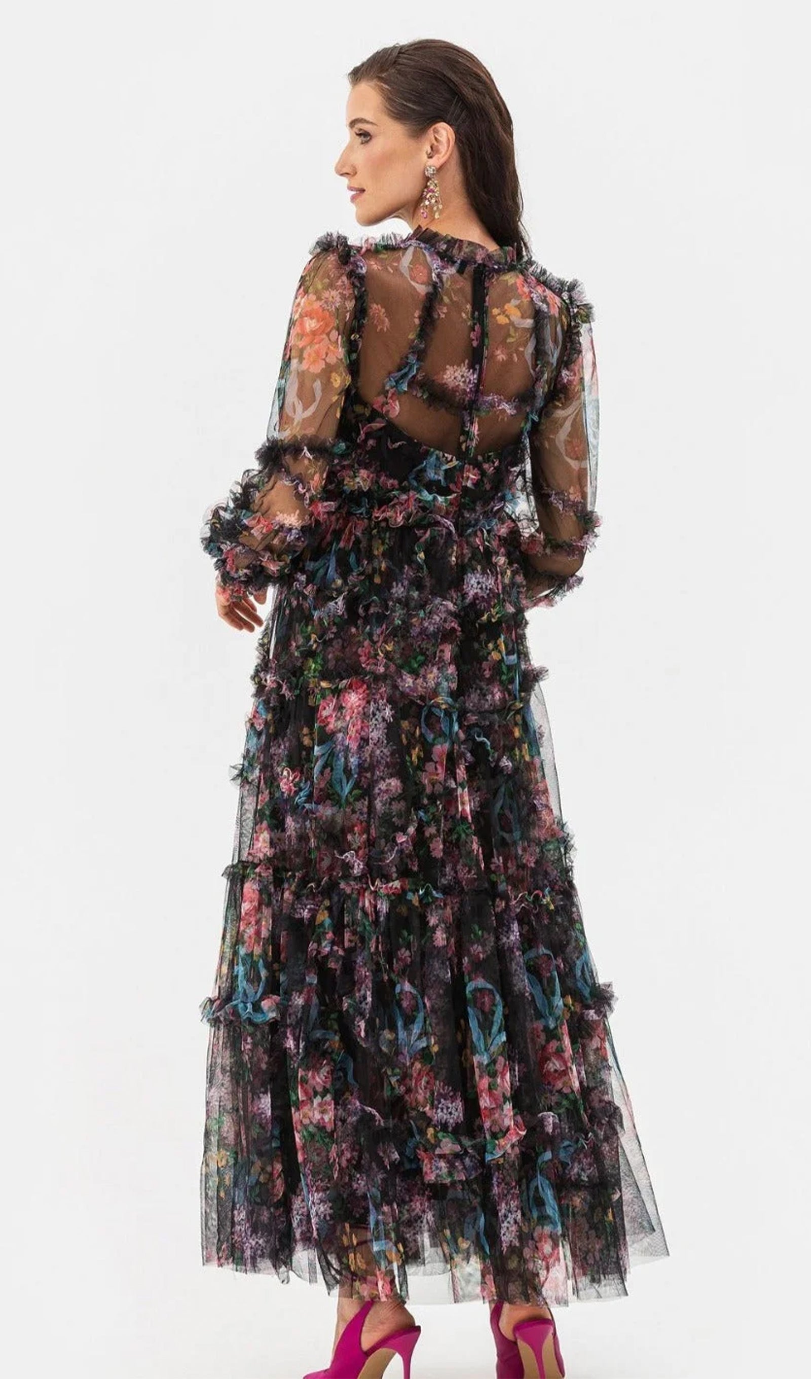 Long-Sleeved Floral Ruffled Maxi Knit Dress