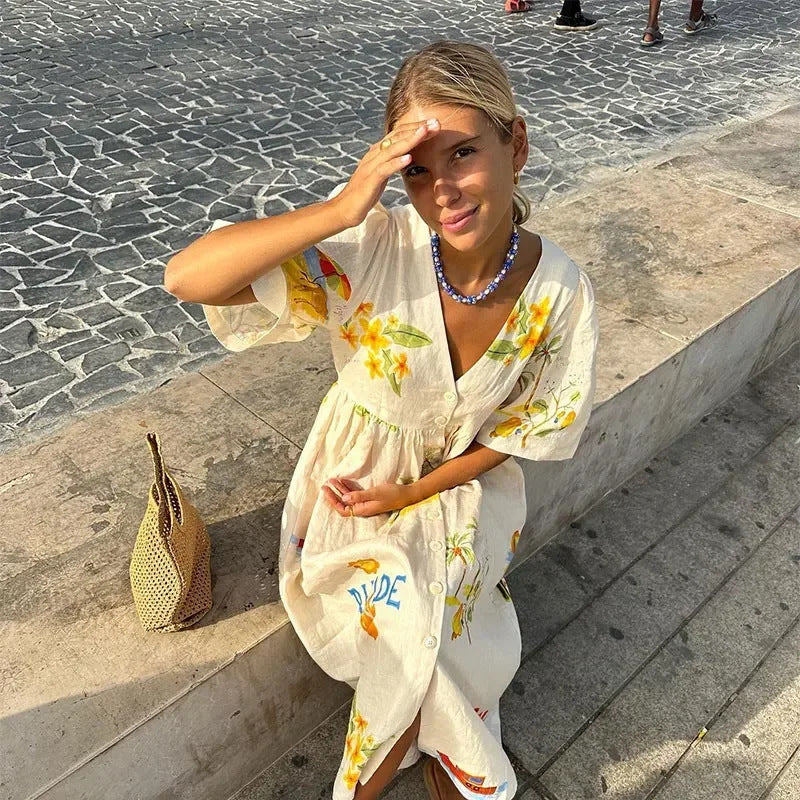 Printed Linen Midi Dress 