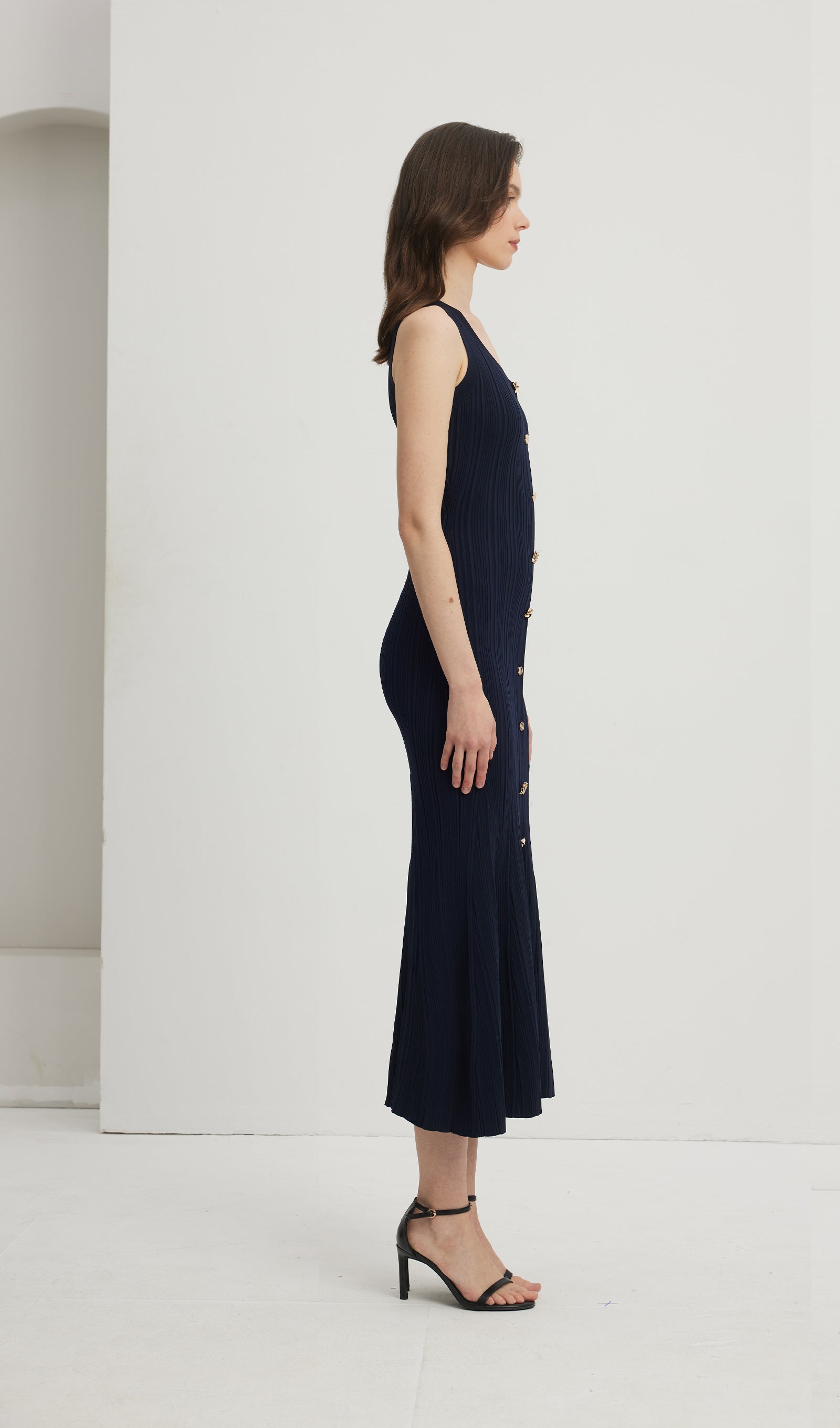 Metallic Buttoned Knitted Midi Dress 