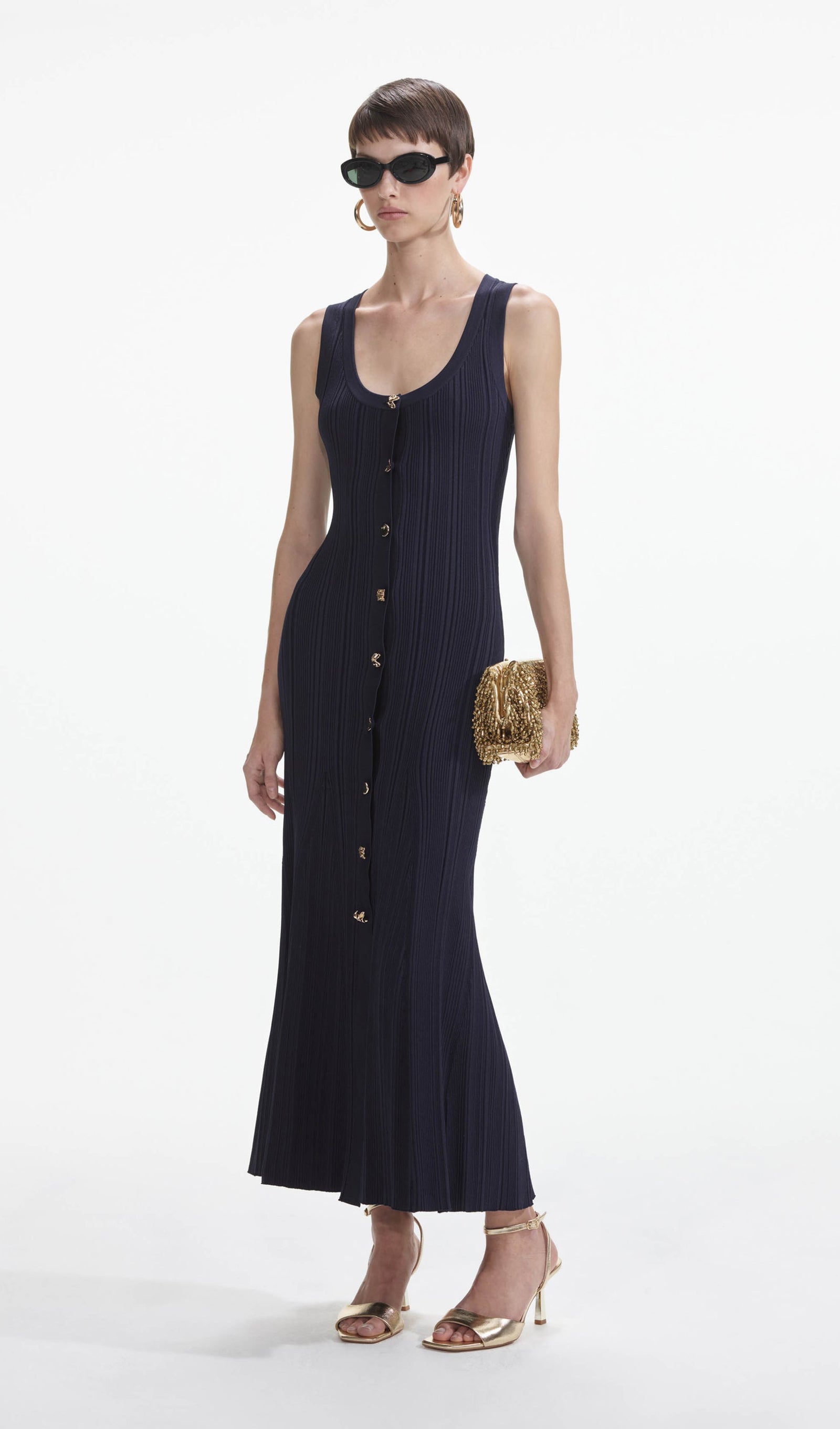 Metallic Buttoned Knitted Midi Dress 