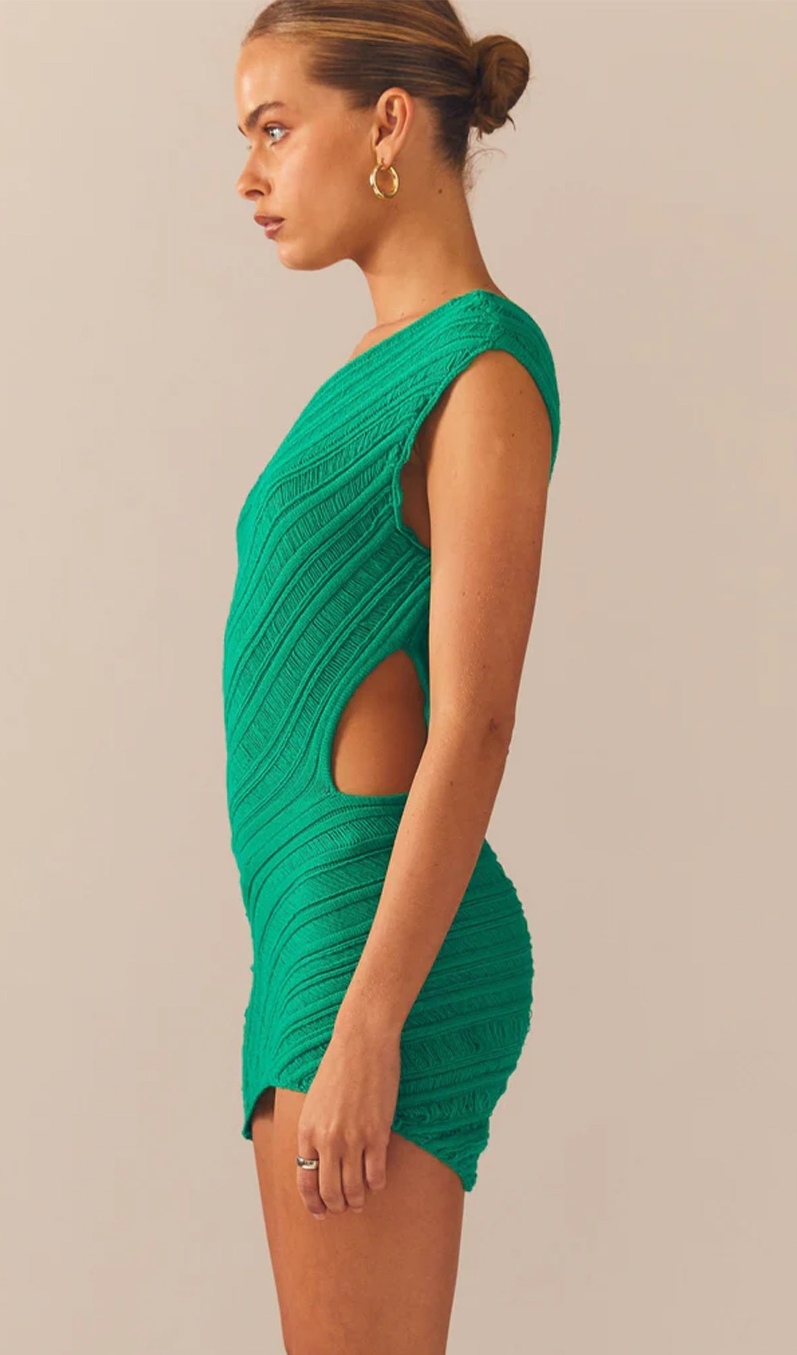Ladder Pattern Hollow Knit Mini Dress - Green 