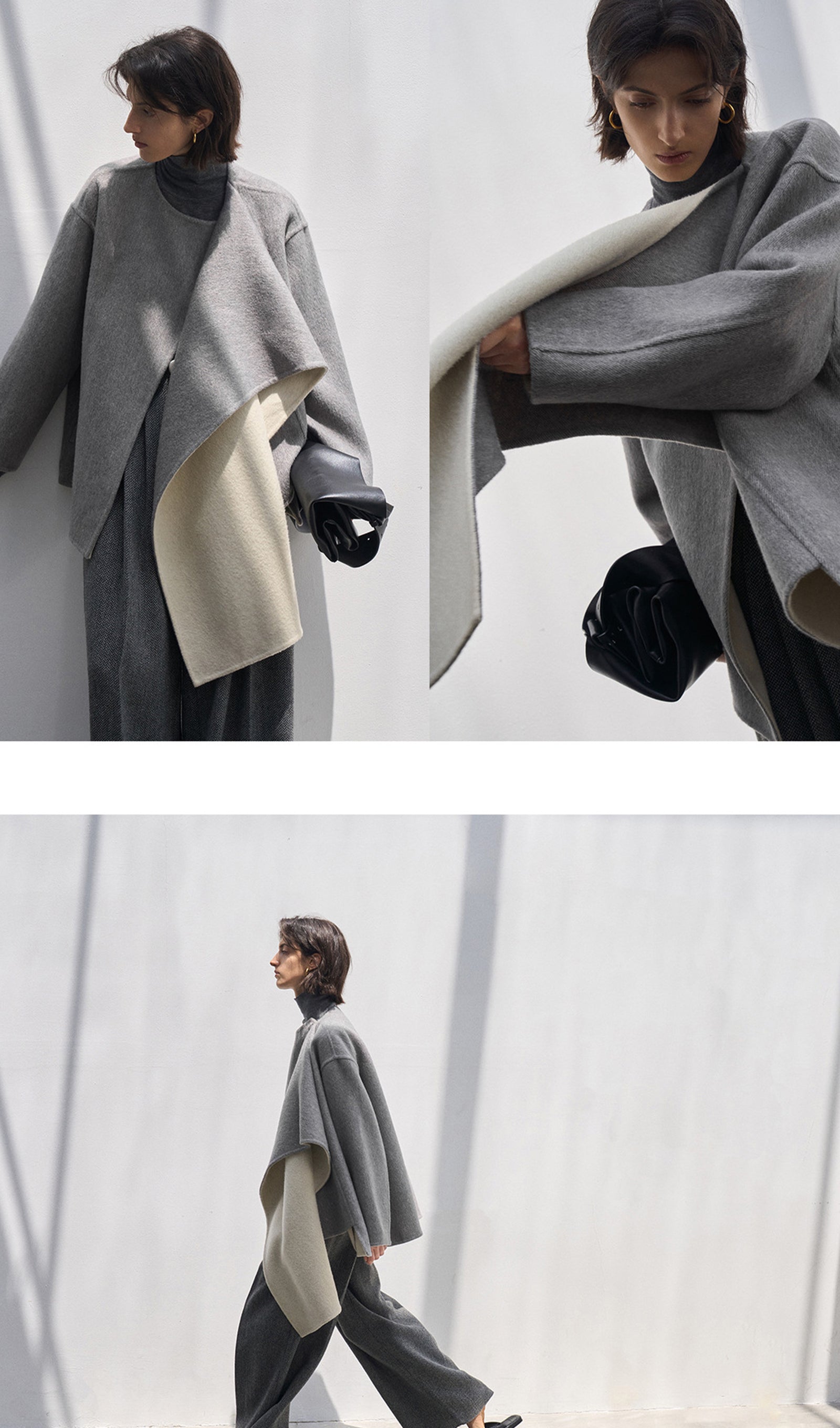 Grauer, einfarbiger Cape-Mantel aus 100 % Wolle