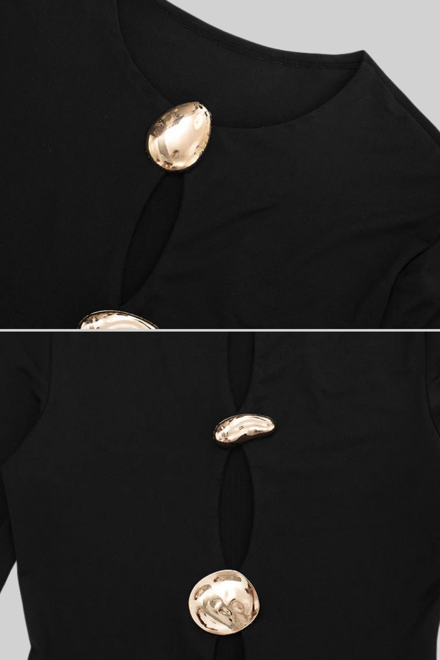 Dökümlü, Kesik Detaylı, Heykelsi Düğmeli Mini Elbise – Siyah