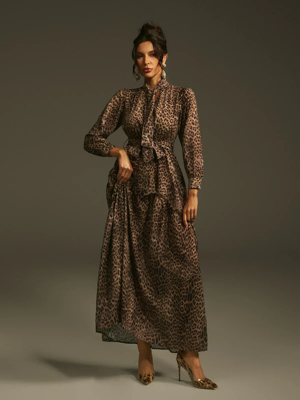 Leopar Desenli Zarif Maxi Elbise