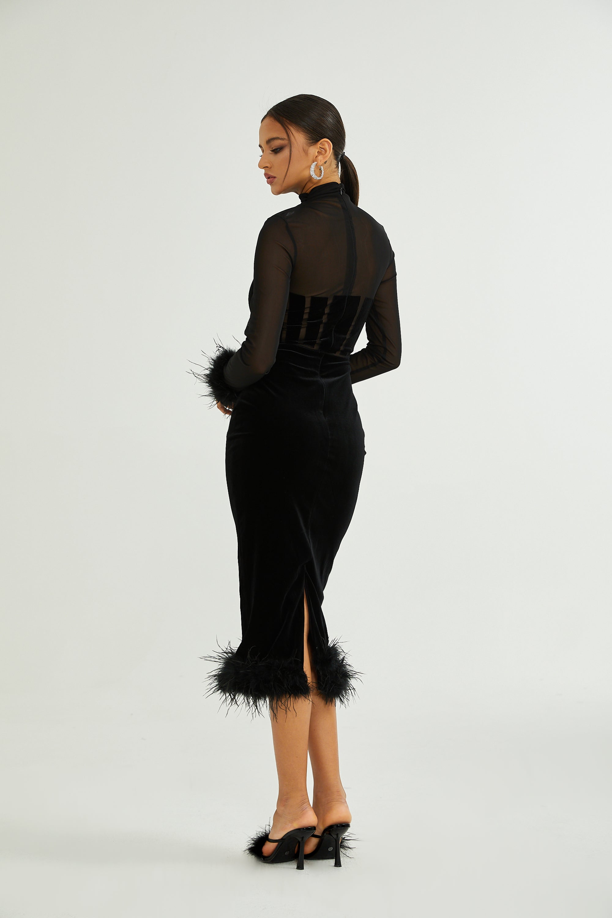 Jeanne Velvet Midi Dress with Feather Details