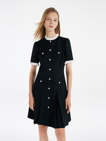 Women's Black Mini Sport Dress with Ruffle Trim and Pearl Buttons 