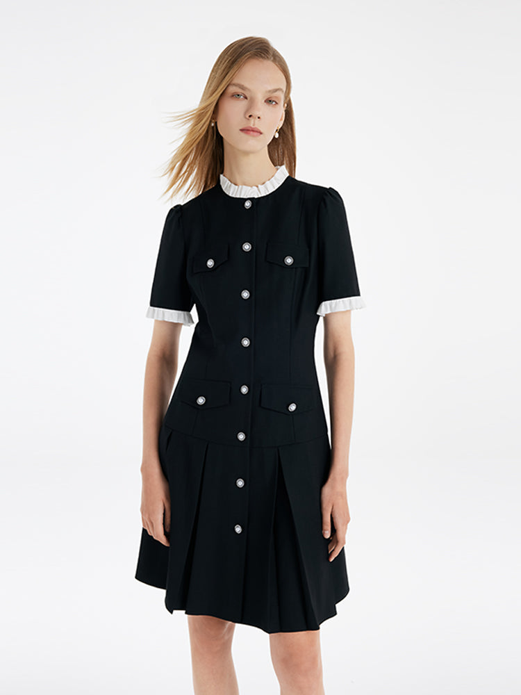 Women's Black Mini Sport Dress with Ruffle Trim and Pearl Buttons 