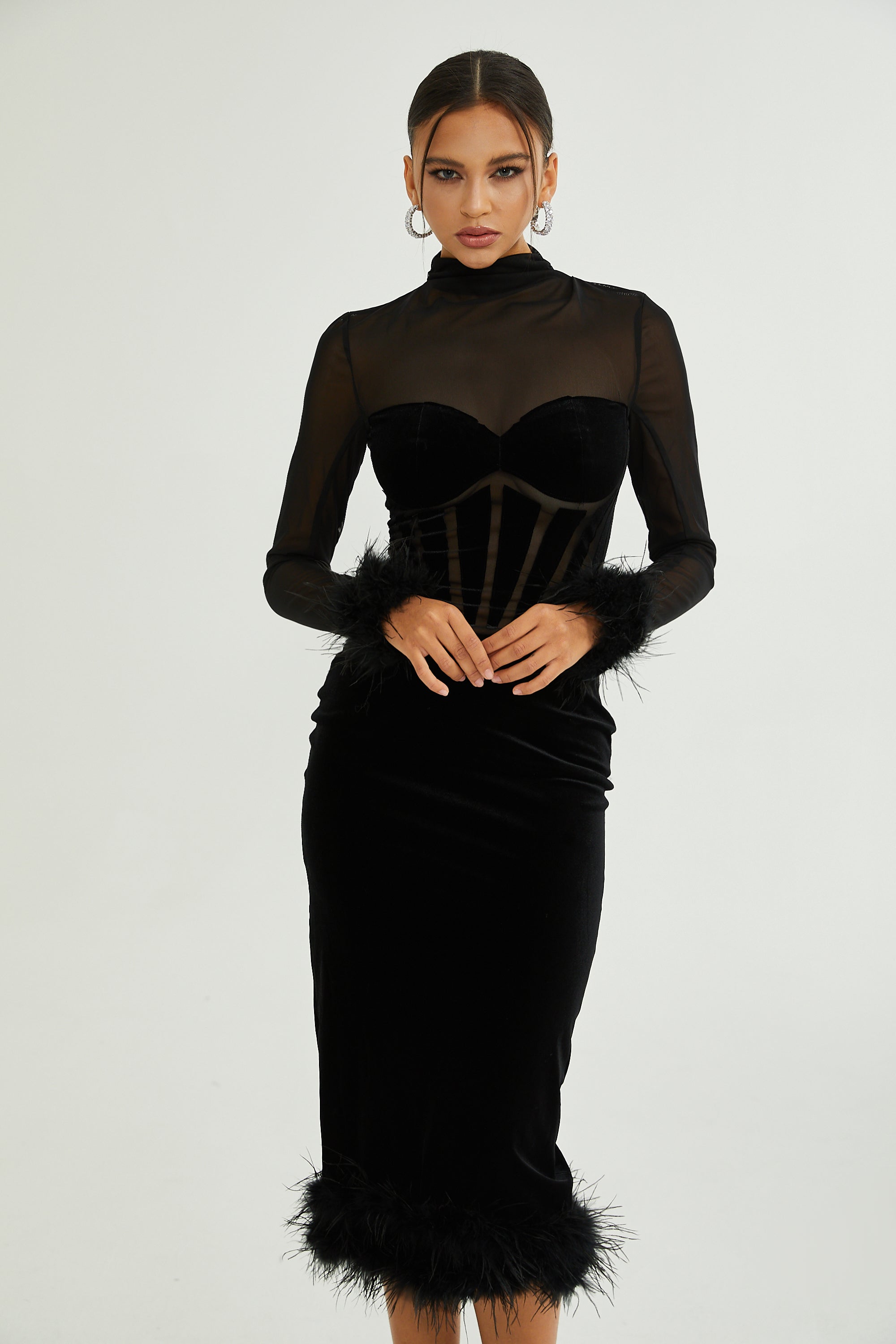 Jeanne Velvet Midi Dress with Feather Details