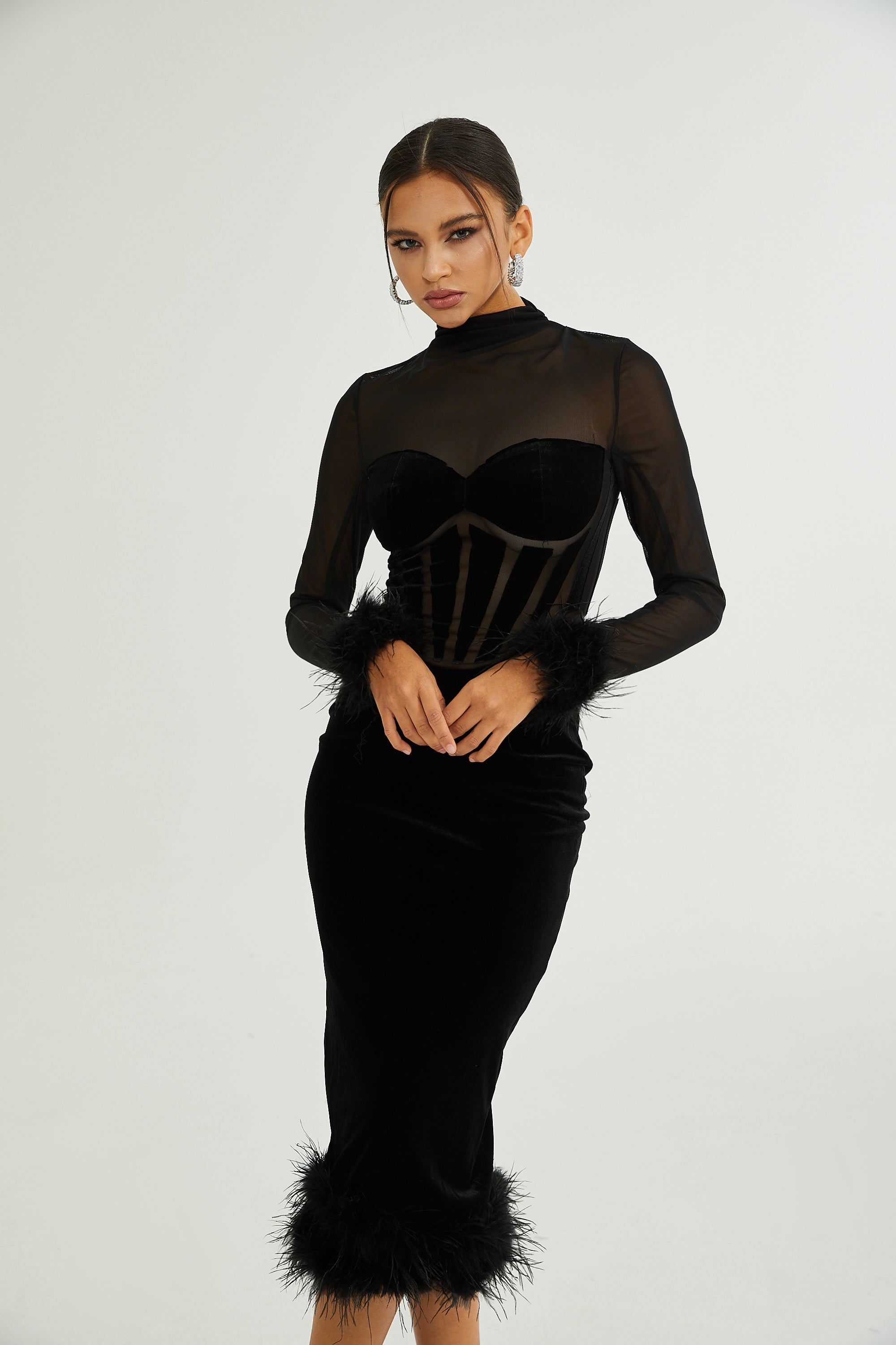 Jeanne Velvet Midi Dress with Feather Details
