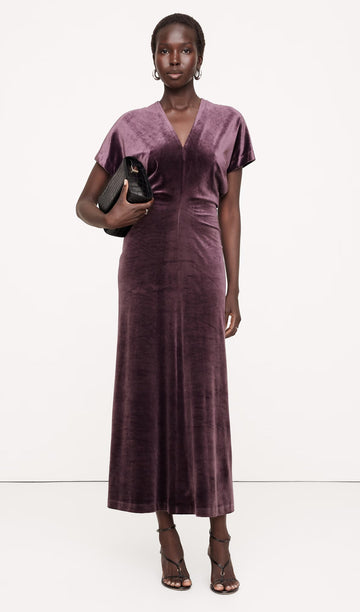 Velvet Maxi Dress with Piping - Ruby Plum 