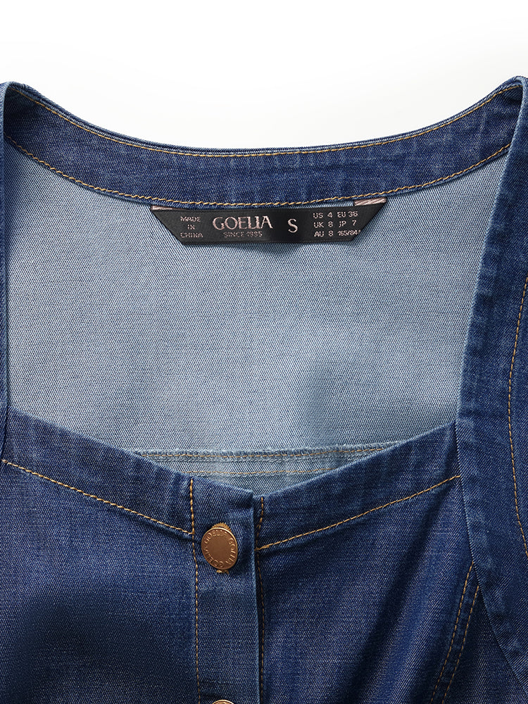 Denim Puf Kollu Tek Göğüslü Kadın Midi Kot Elbise