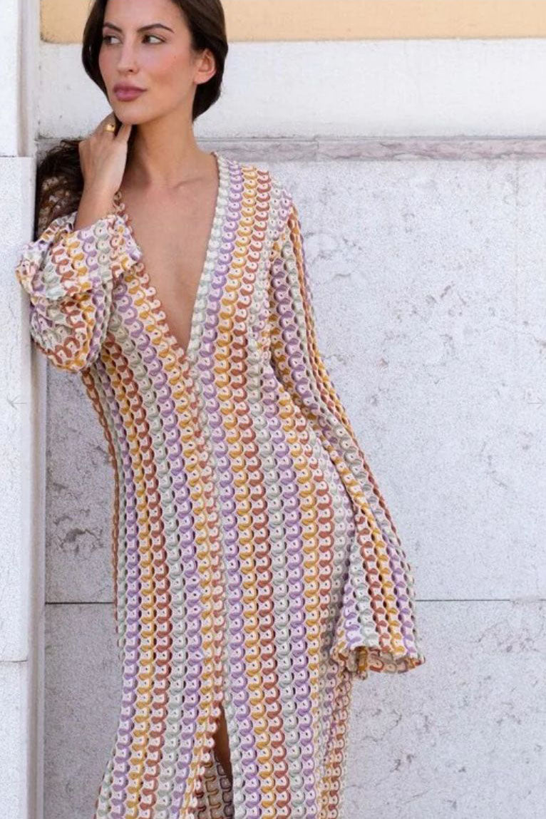Boho V Yaka Çan Kollu Dalgalı Çizgili Tığ İşi Plaj Tatil Uzun Elbise