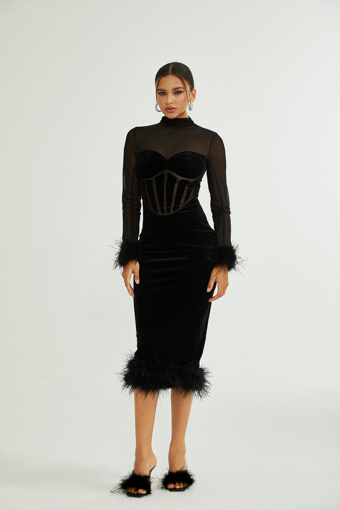 Jeanne Velvet Midi Dress with Feather Details