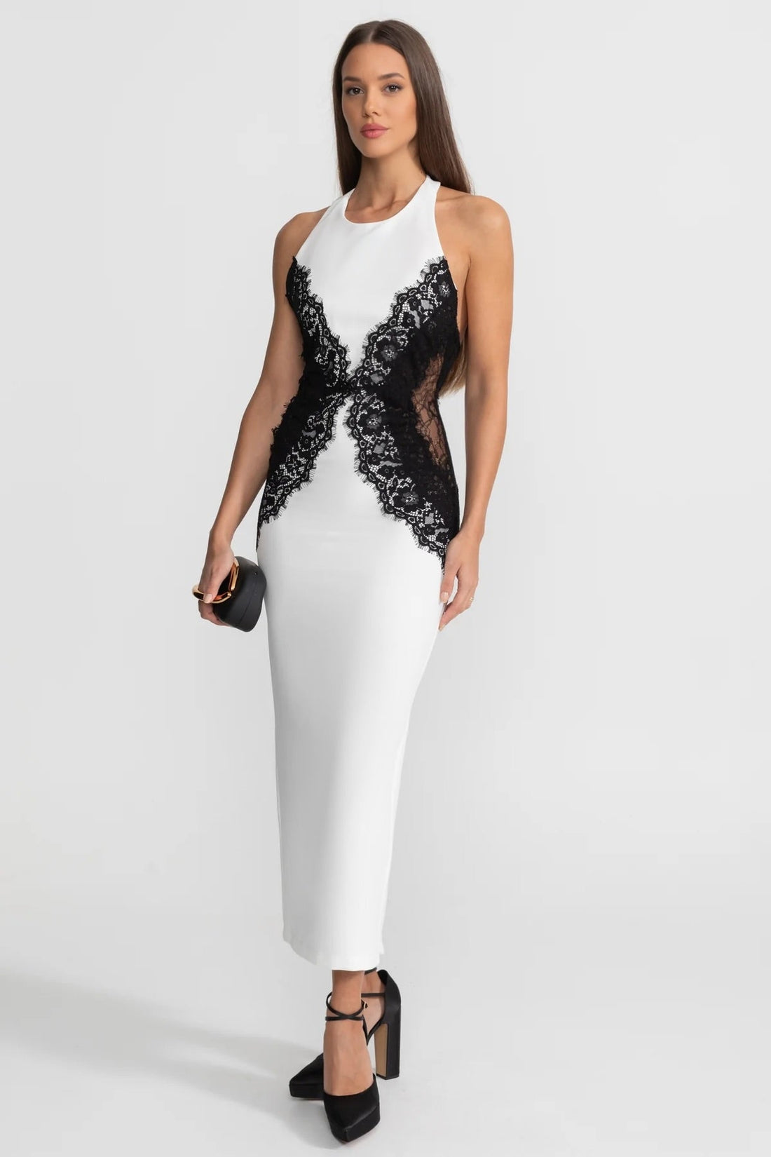 Kontrast Dantel Detaylı Askılı Maksi Elbise – Beyaz
