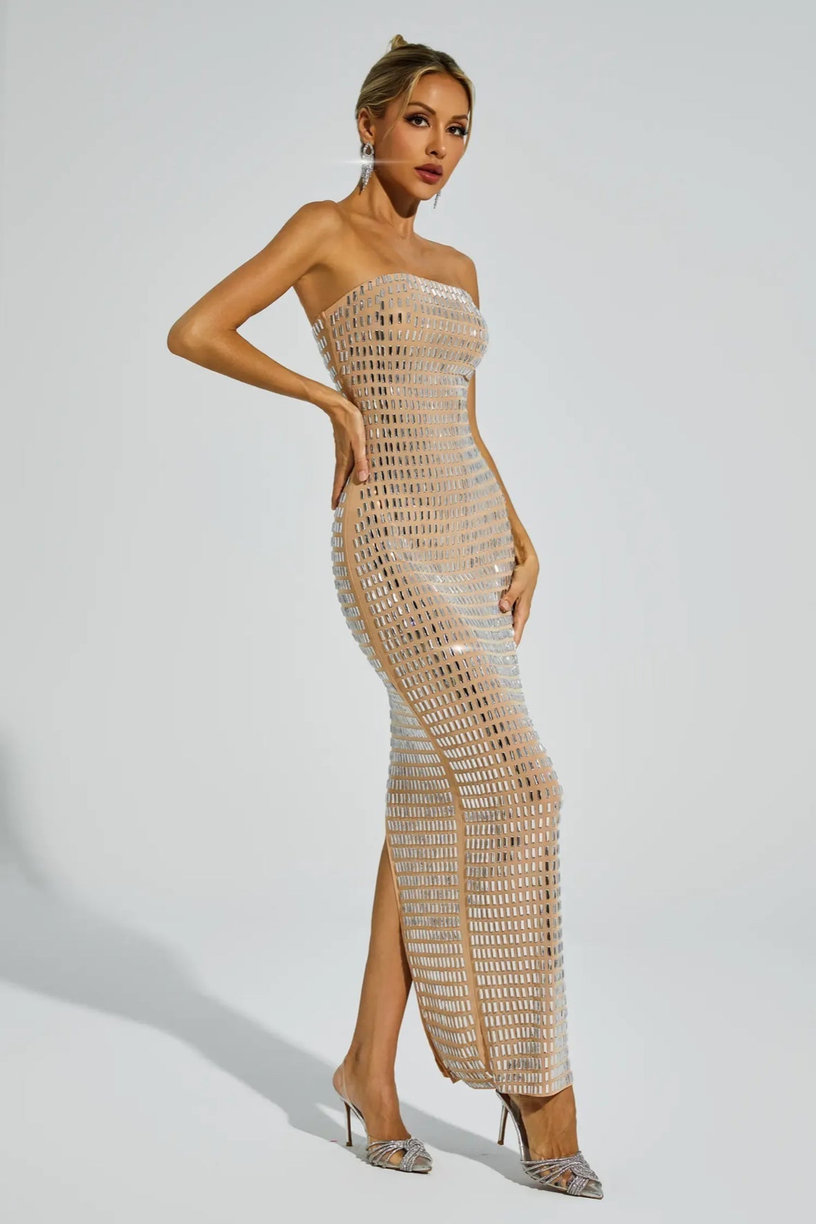 Yapay Elmas Mesh Maxi Elbise
