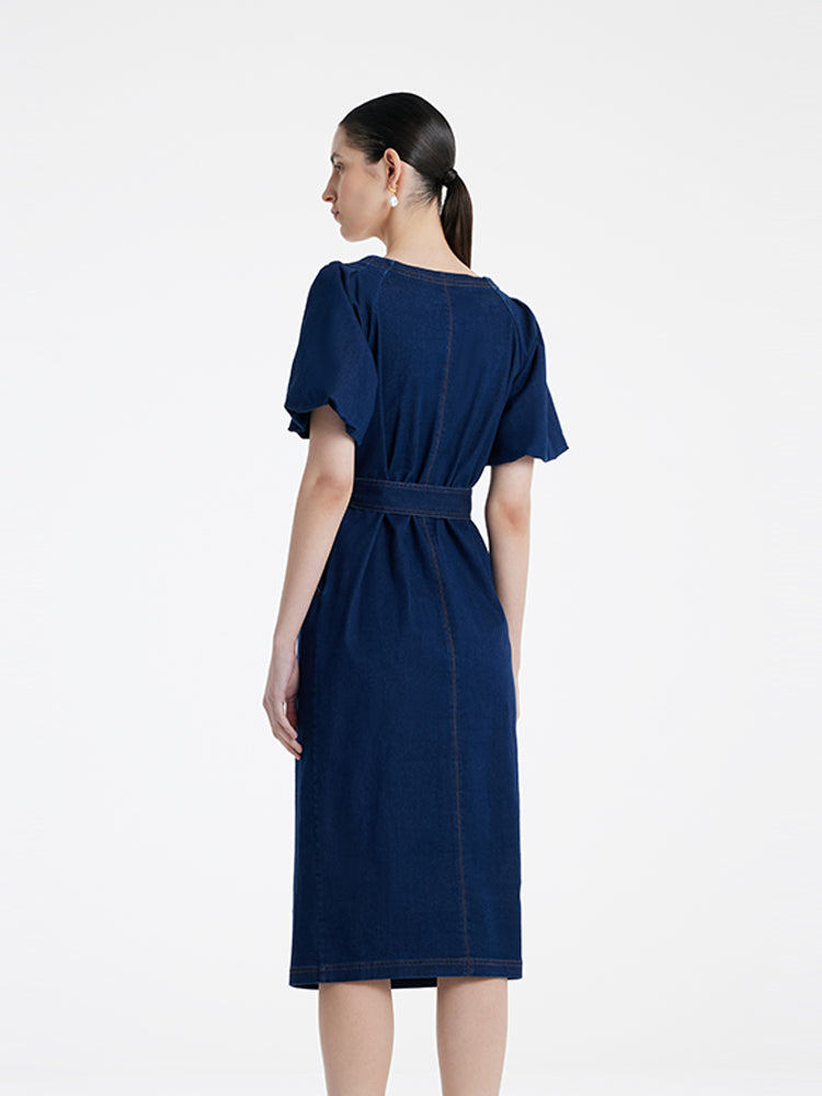 Damen-Midikleid aus Jeansstoff mit Puffärmeln und eckigem Ausschnitt, inklusive Gürtel 