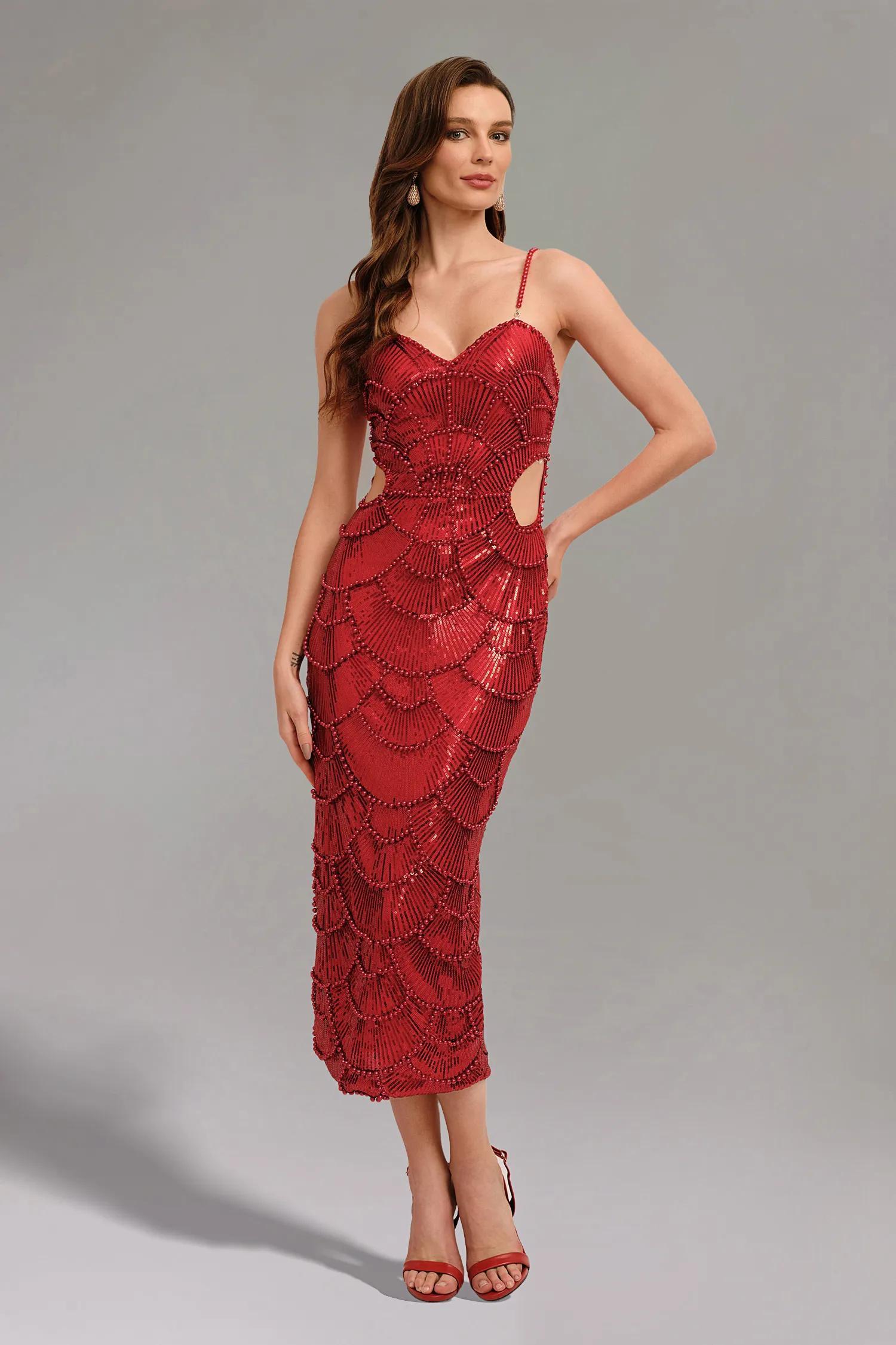 Teressa Rotes, perlenbesetztes, trägerloses Maxikleid