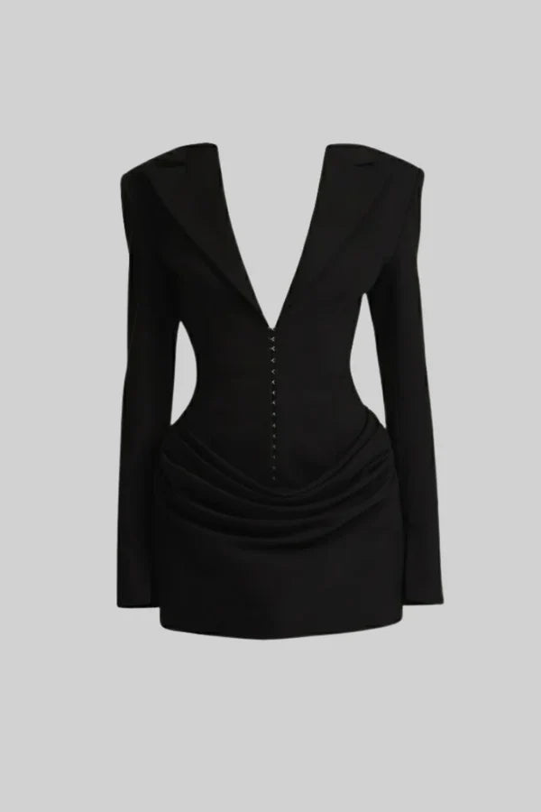 Derin Yakalı Drapeli Blazer Mini Elbise