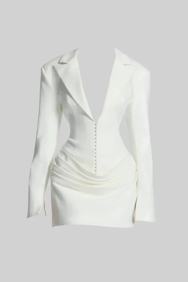 Derin Yakalı Drapeli Blazer Mini Elbise