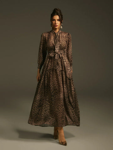Leopar Desenli Zarif Maxi Elbise
