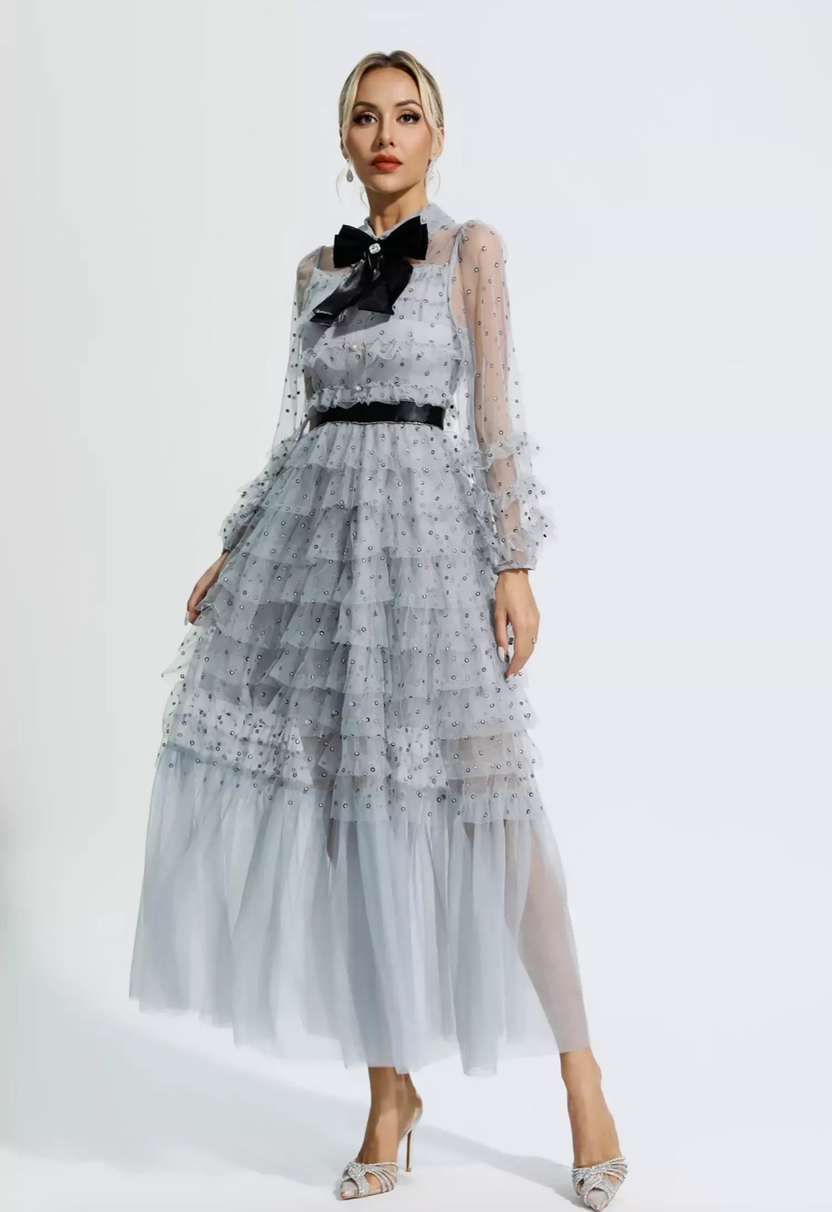 Mesh Maxi Dress with Bow 