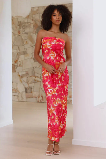 Miya Maxikleid – Rosa/Rotes Blumenmuster