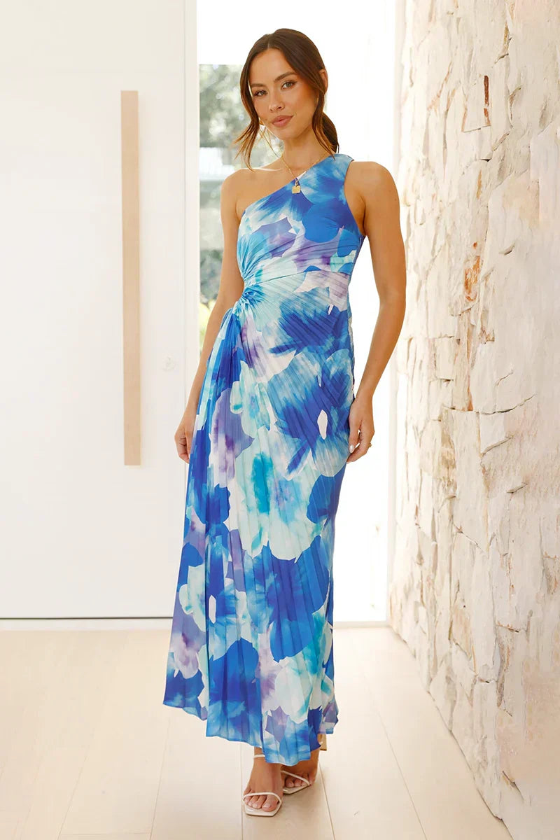 Laken Uzun Elbise Mavi Çiçek Desenli