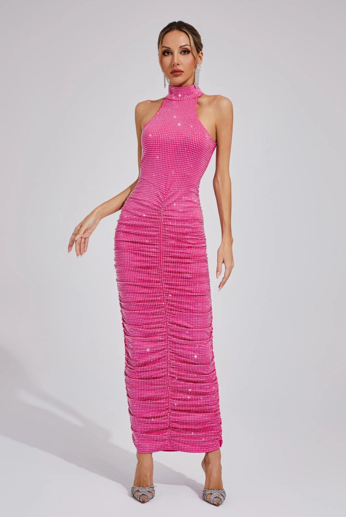Kaia Rhinestone Ruched Maxi Elbise
