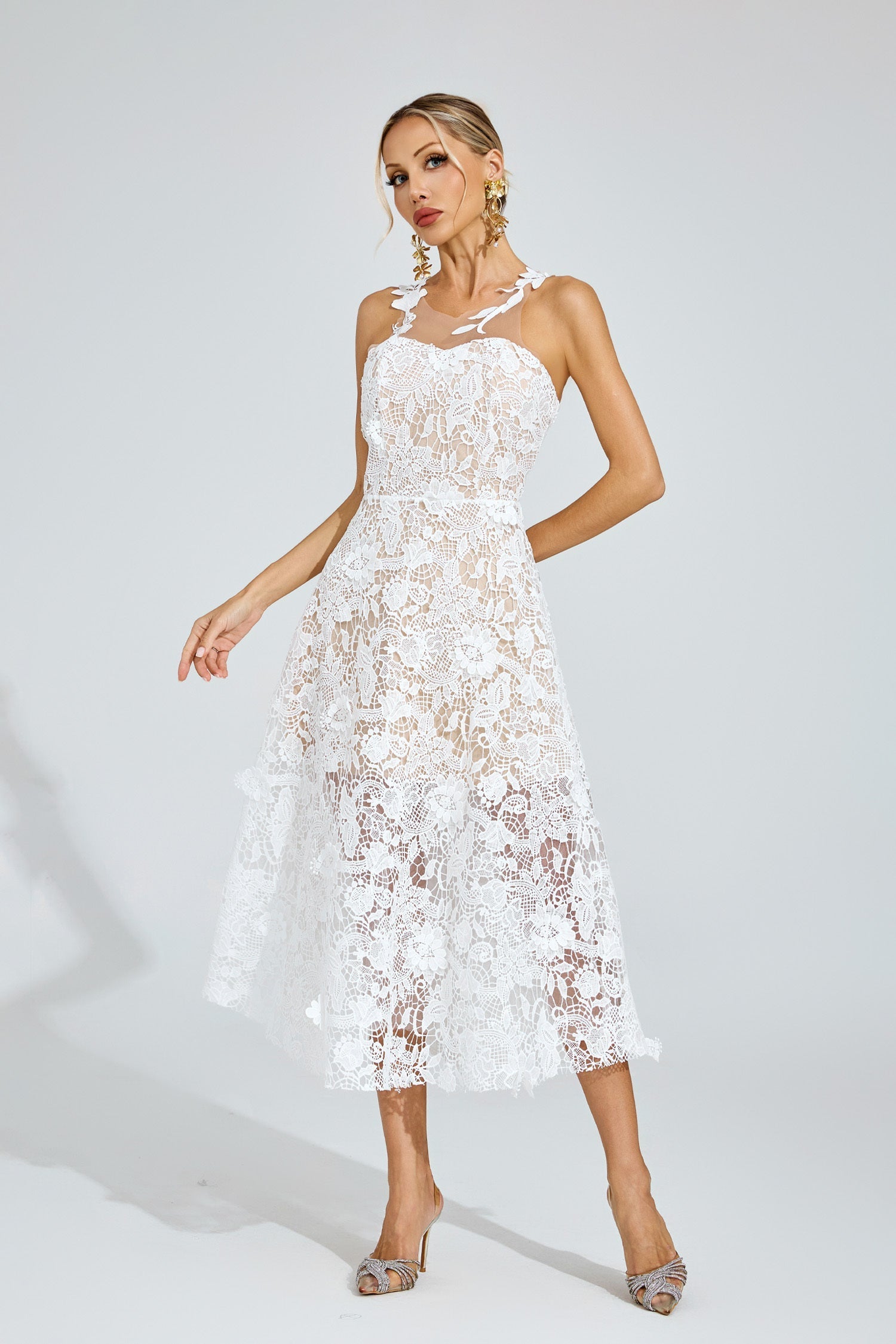 Amélie Weißes Midikleid aus floraler Spitze