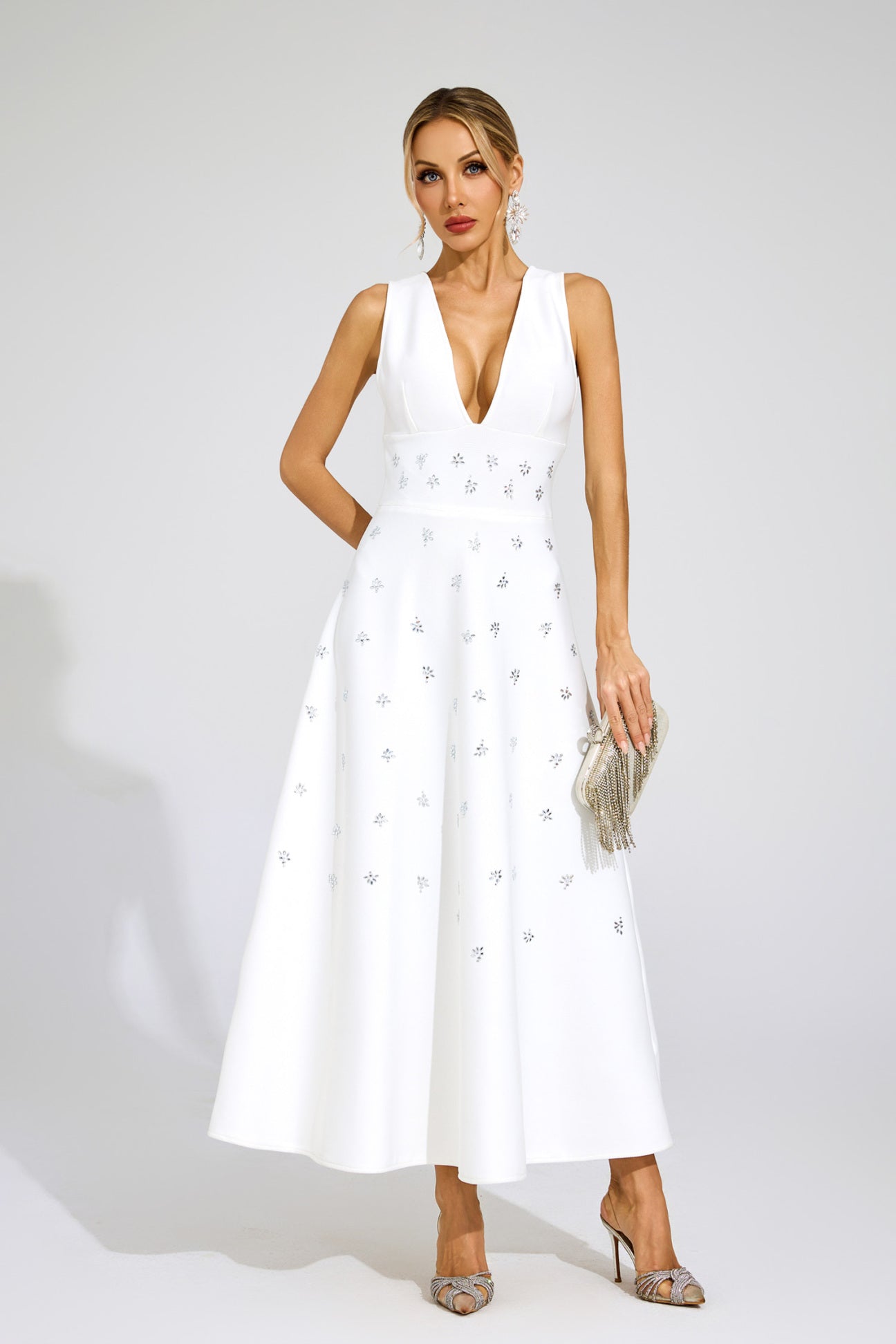 Céleste White Crystal Embellished Maxi Dress