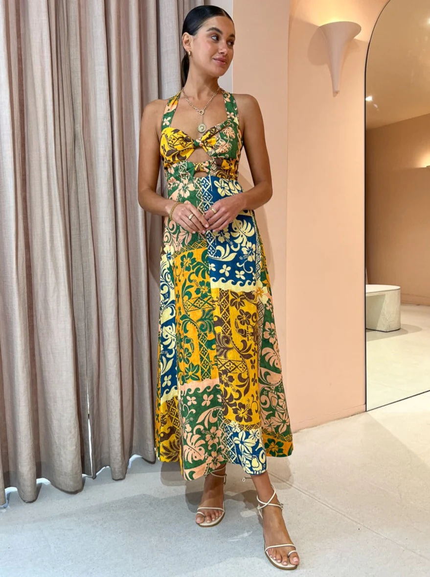 Sexy Print Bandage Backless Halter Print Maxi Dress 