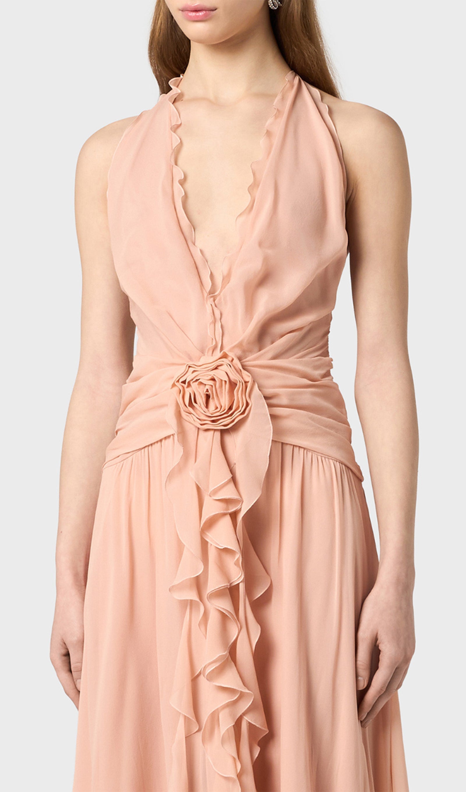 Halter Ruffles Maxi Dress with Rose Embellishments 