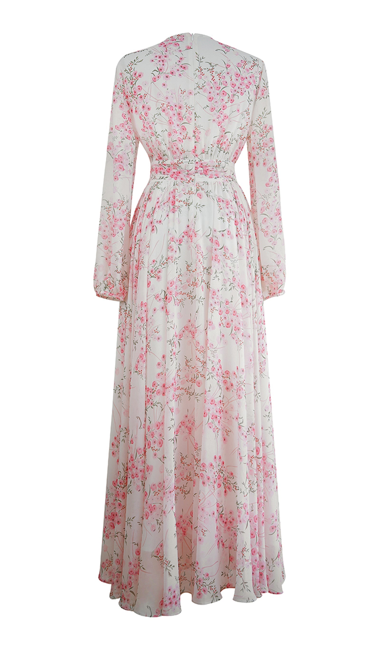 Langärmeliges, geblümtes, tailliertes und ausgestelltes Maxikleid