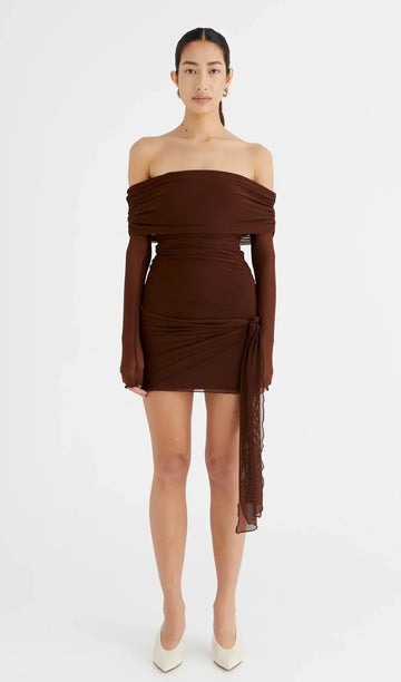 Kapalı Omuz Şeffaf File Mini Elbise - Kakao