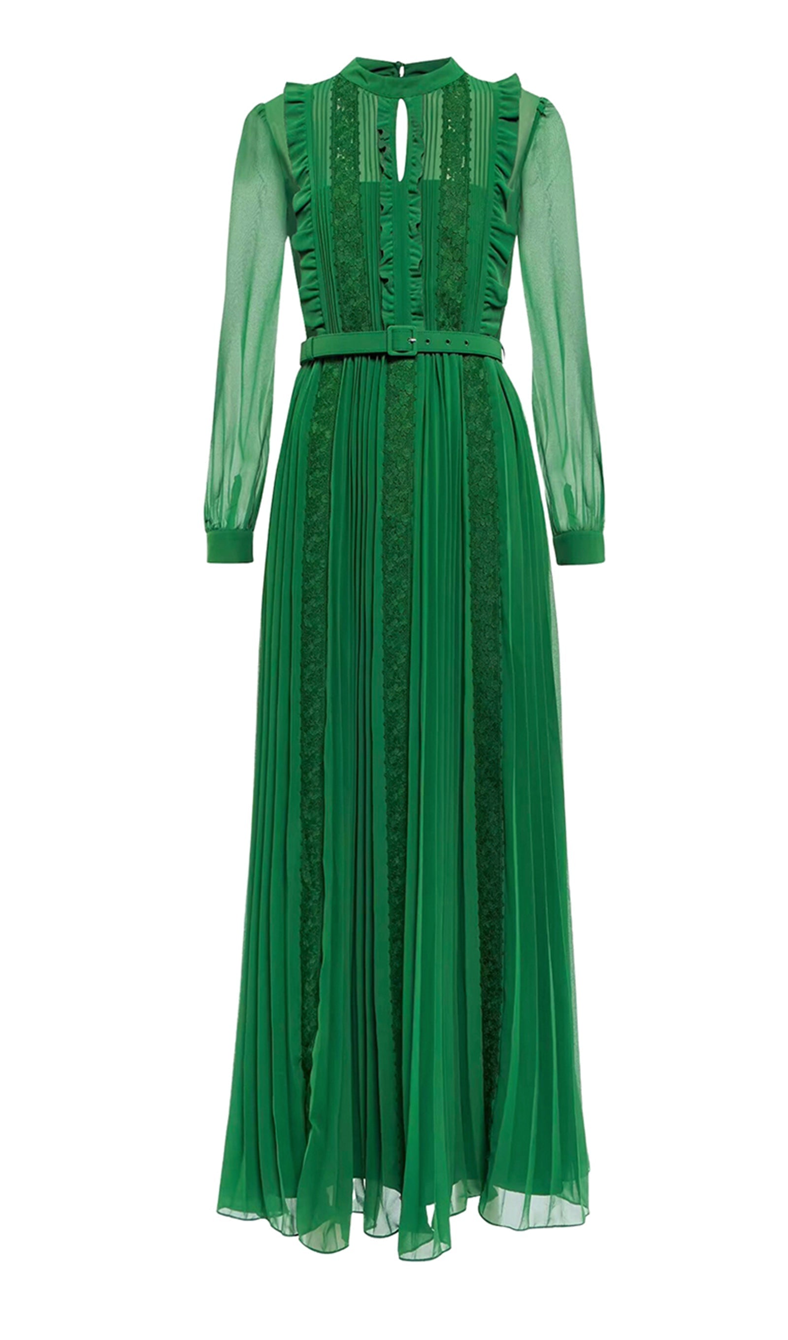 Grünes, tailliertes Maxikleid aus gerüschter, plissierter Spitze
