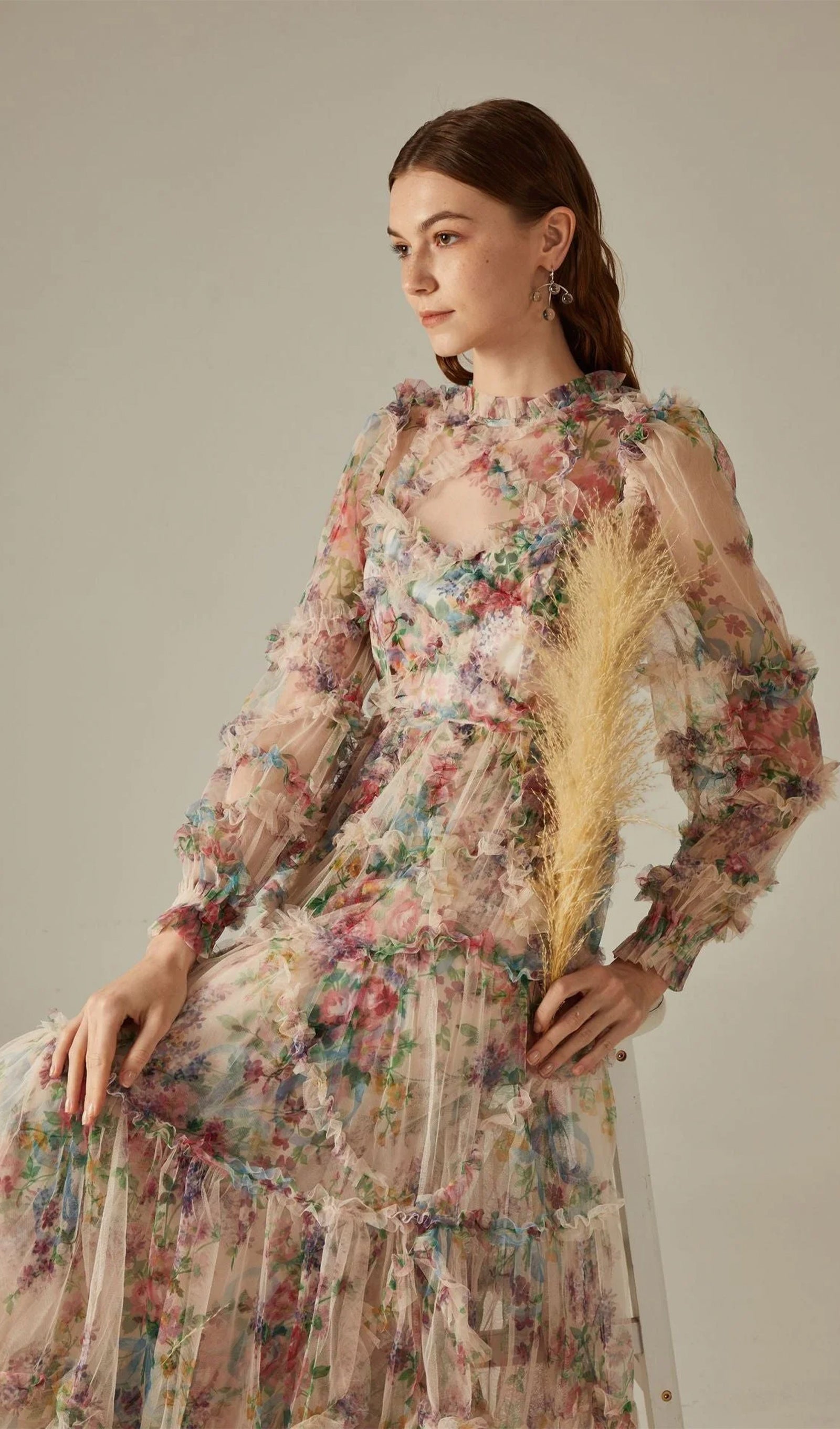 Long-Sleeved Floral Ruffled Maxi Knit Dress