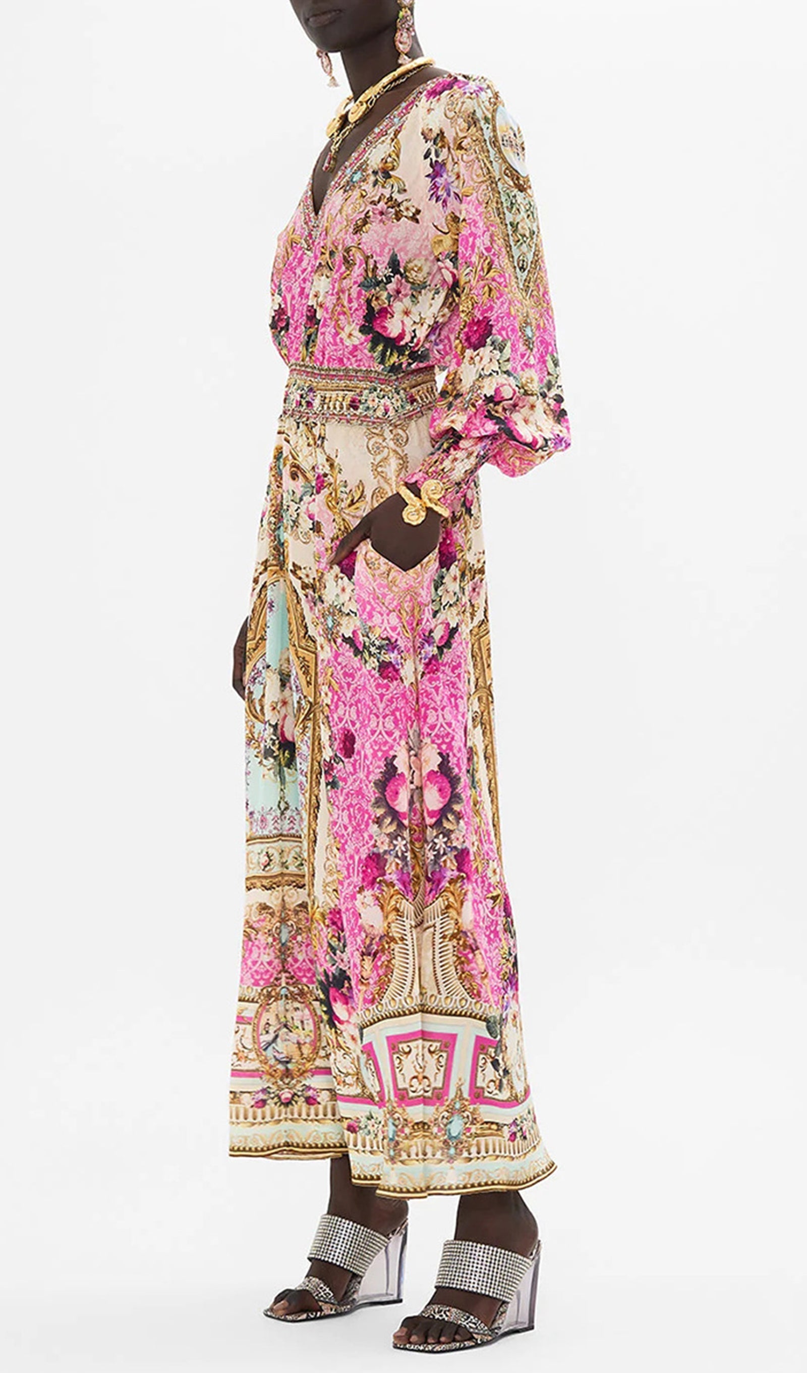 Boho-Maxikleid mit Blumenmuster, langen Ärmeln und V-Ausschnitt