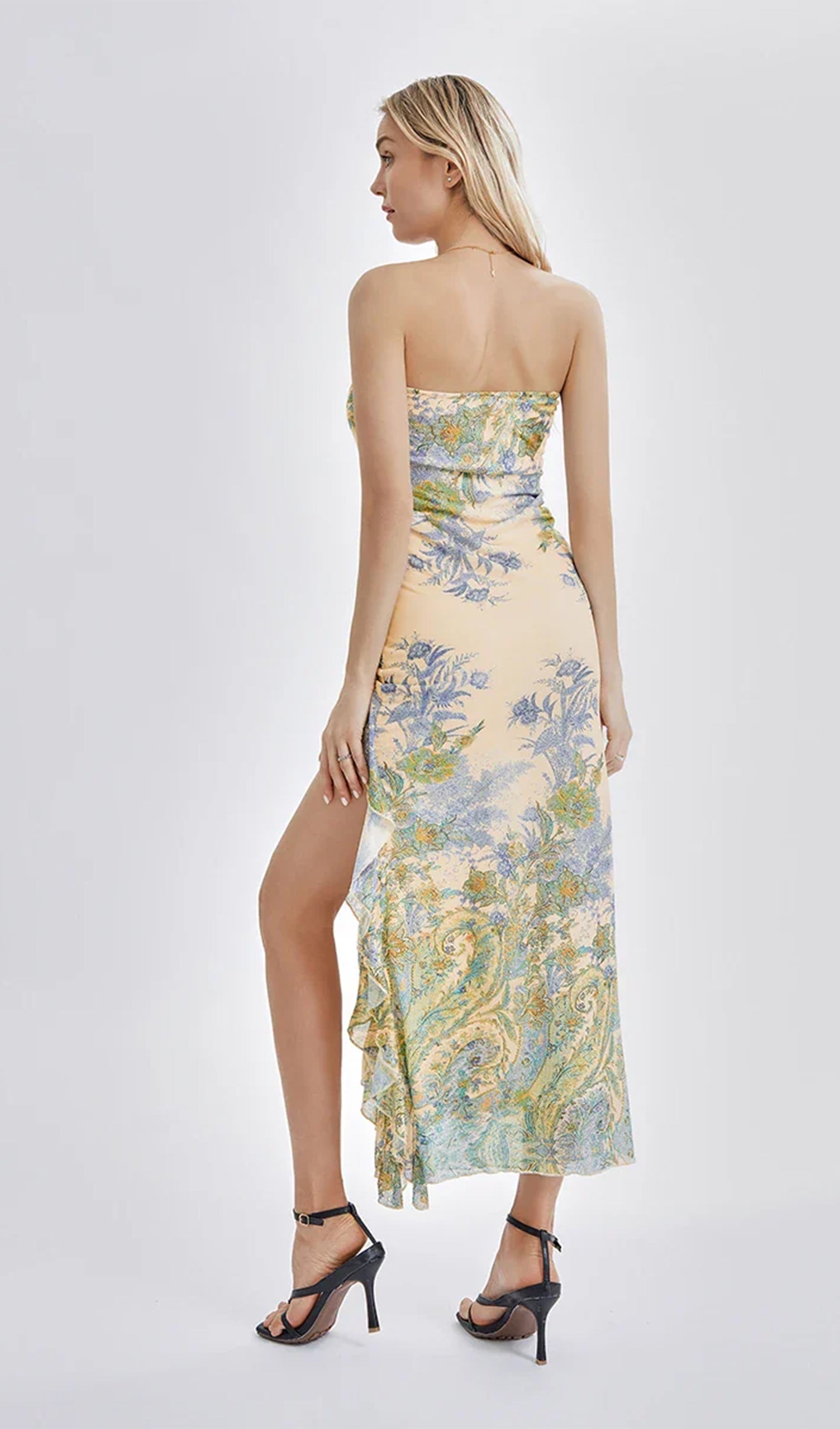 Printed Strapless Midi Dress with Slit 