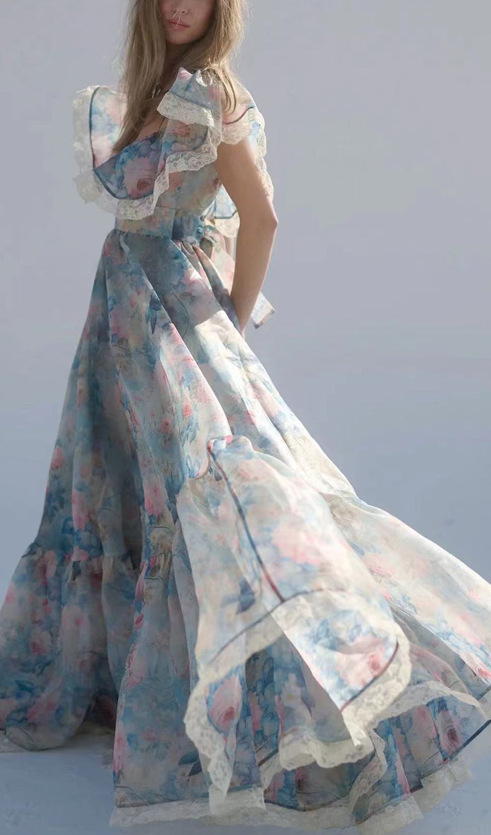 Floral Ruffled V-Neck Fitted and Flare Maxi Dress