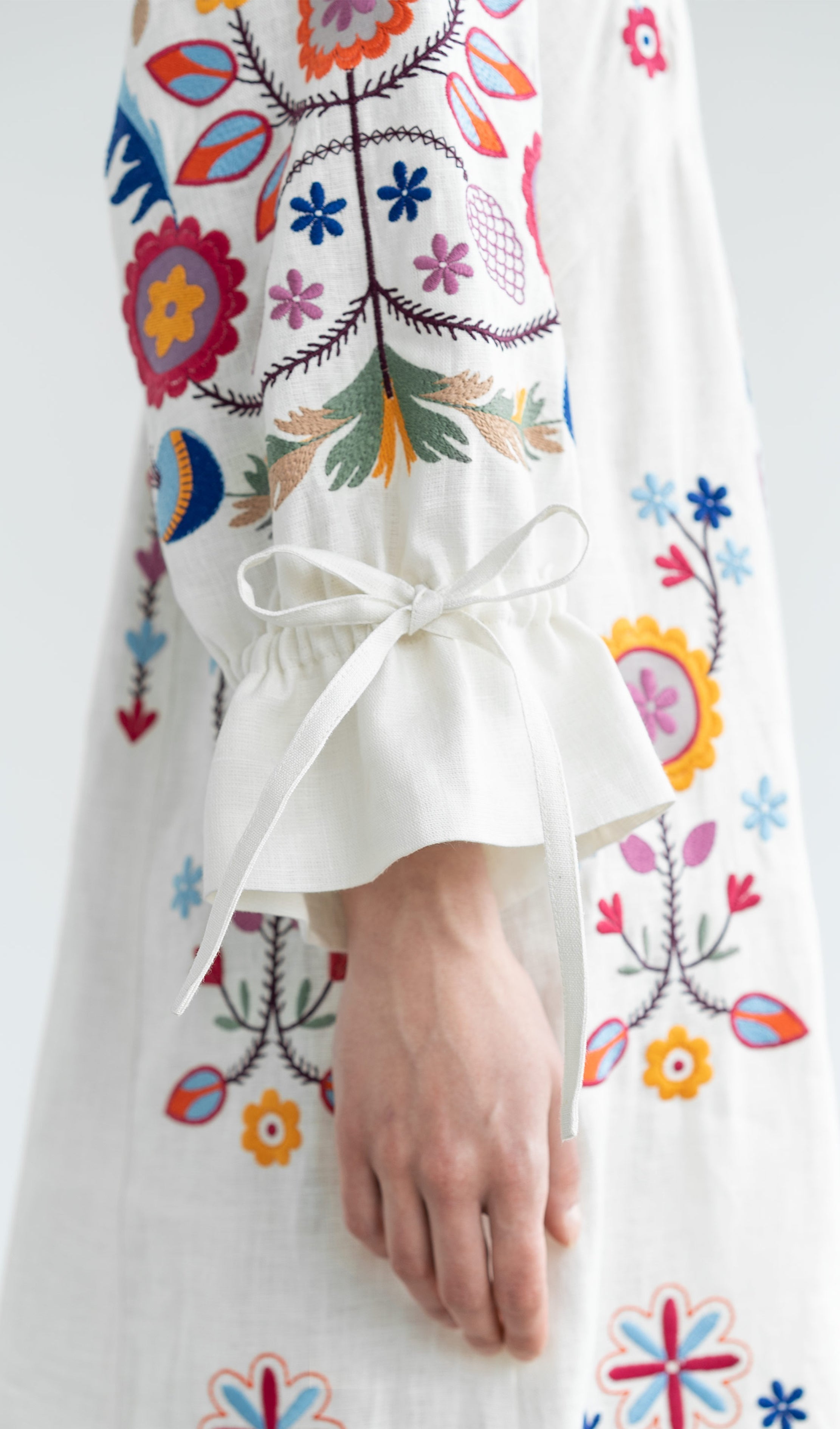 White Linen Midi Dress with Floral Embroidery